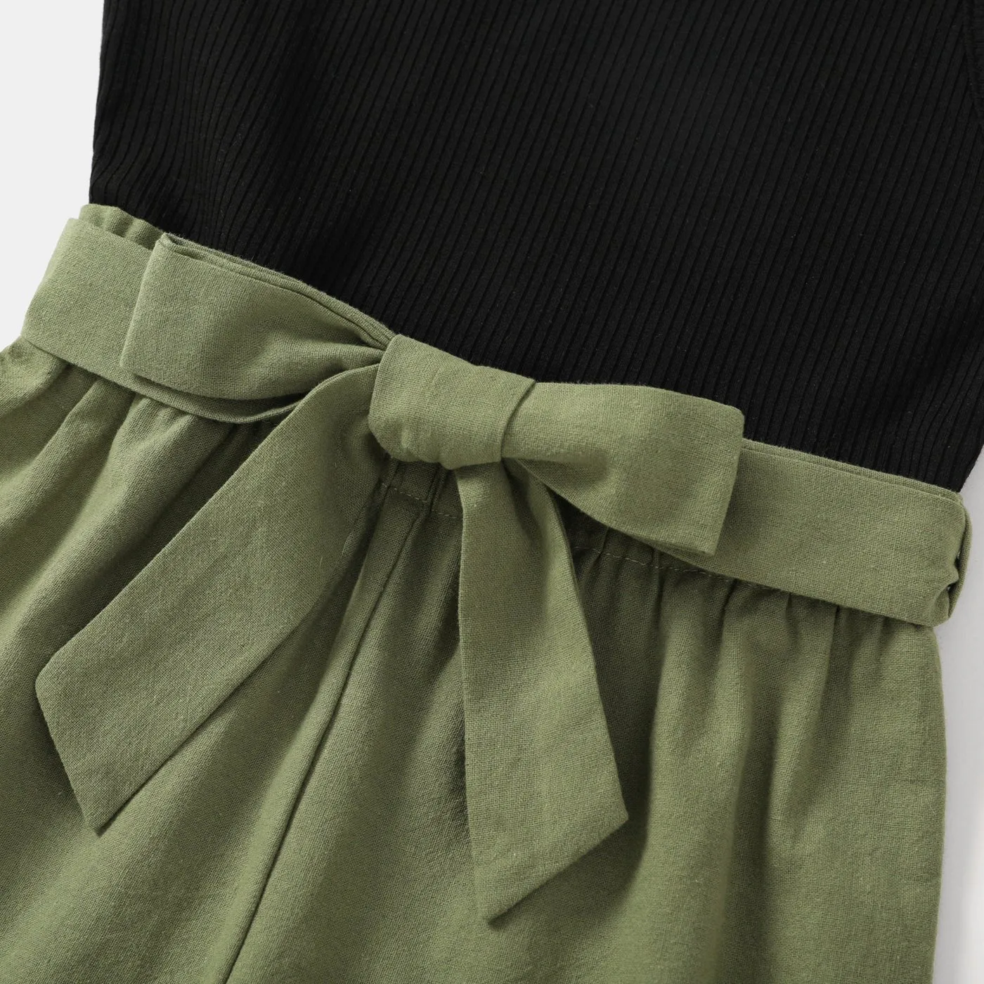 100% Cotton Ribbed and Solid Splicing Sleeveless Belted Romper for Mom and Me