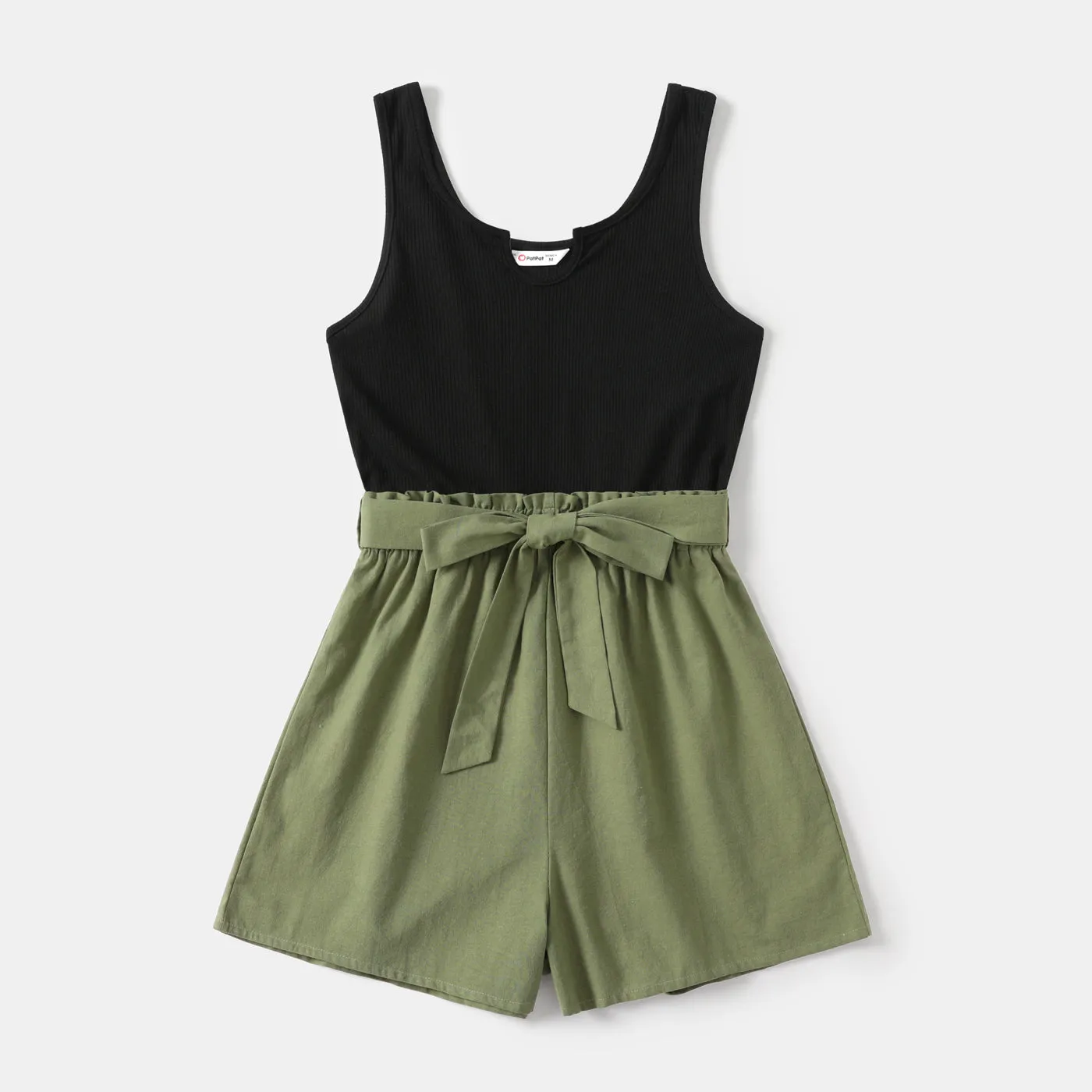 100% Cotton Ribbed and Solid Splicing Sleeveless Belted Romper for Mom and Me