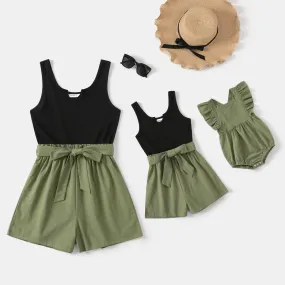 100% Cotton Ribbed and Solid Splicing Sleeveless Belted Romper for Mom and Me