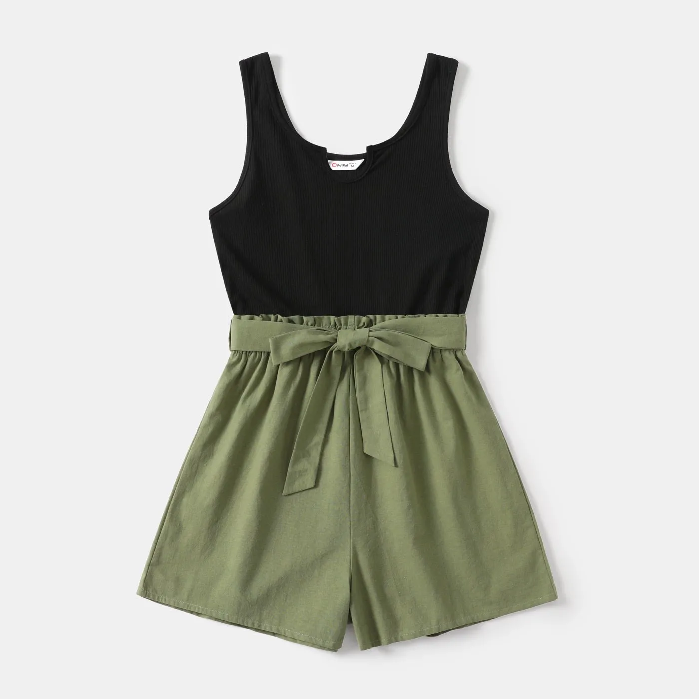 100% Cotton Ribbed and Solid Splicing Sleeveless Belted Romper for Mom and Me