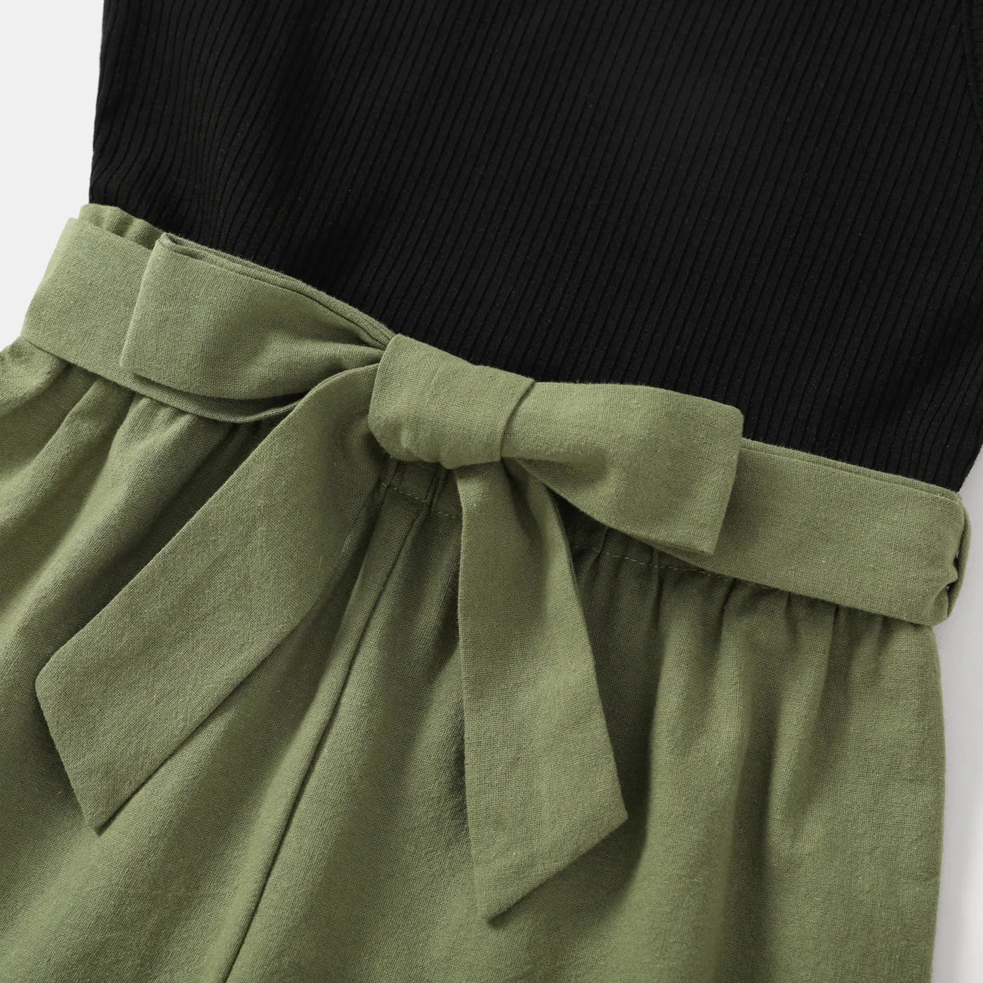 100% Cotton Ribbed and Solid Splicing Sleeveless Belted Romper for Mom and Me