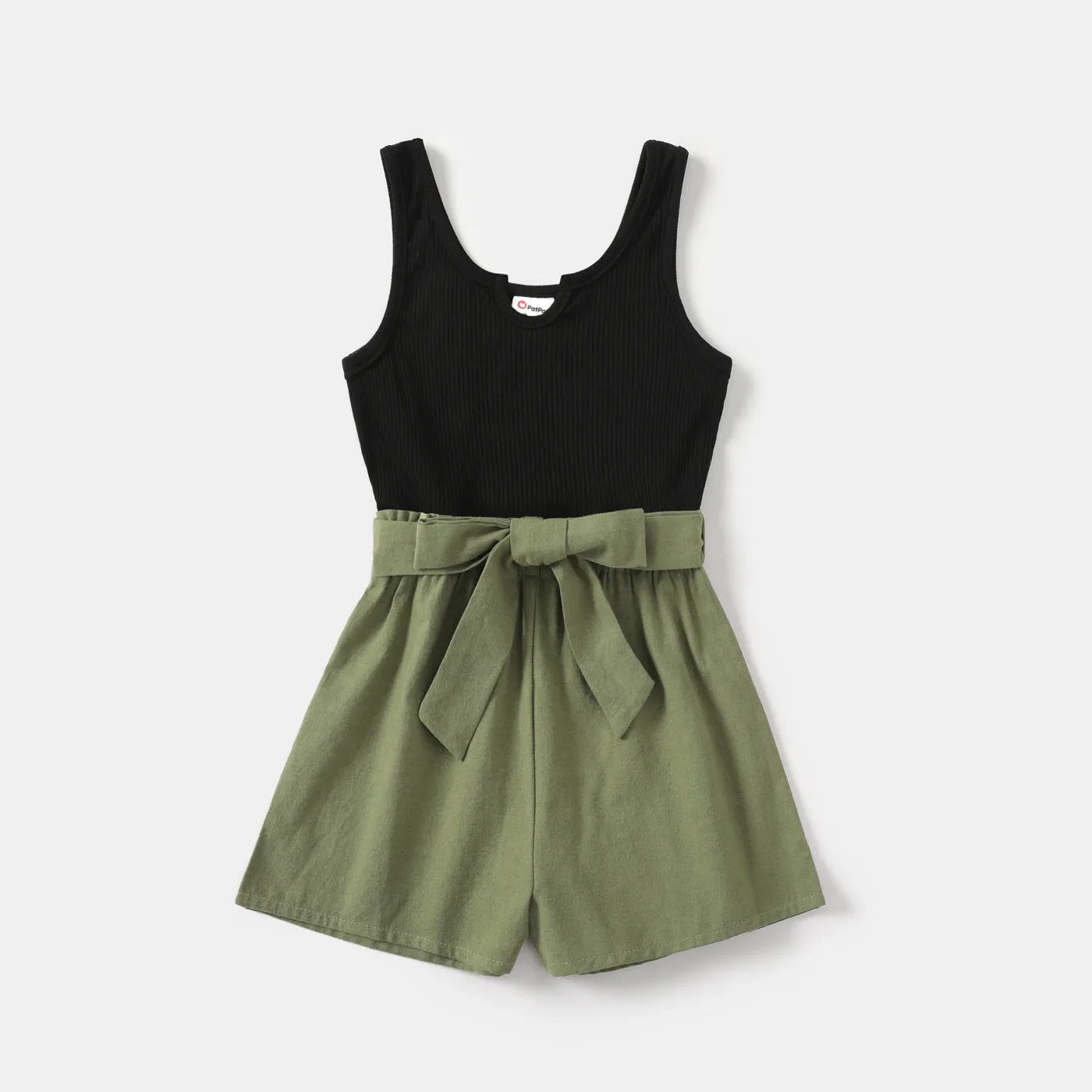 100% Cotton Ribbed and Solid Splicing Sleeveless Belted Romper for Mom and Me