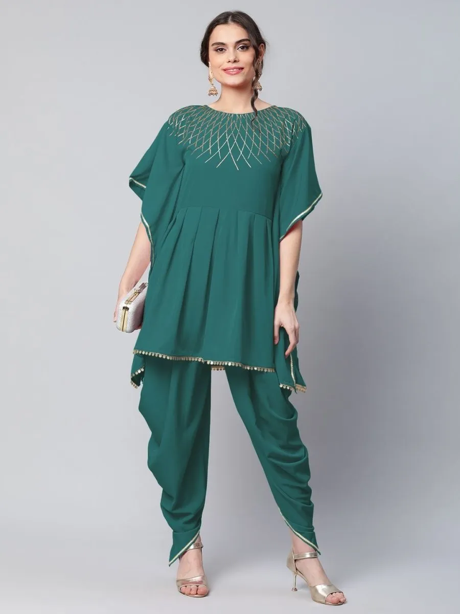 Ahalyaa Women Dark Green Crepe Glitter Printed Kurta with Dhoti Pants