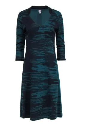 Anni Kuan - Green & Black Print Stretch Knit Midi Dress Sz M