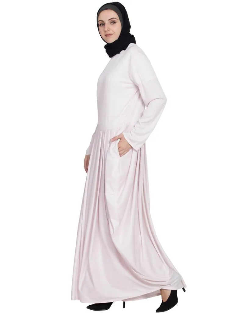 Arabic Pleating at waist White stretchable abaya Pink