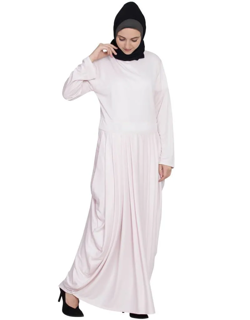 Arabic Pleating at waist White stretchable abaya Pink