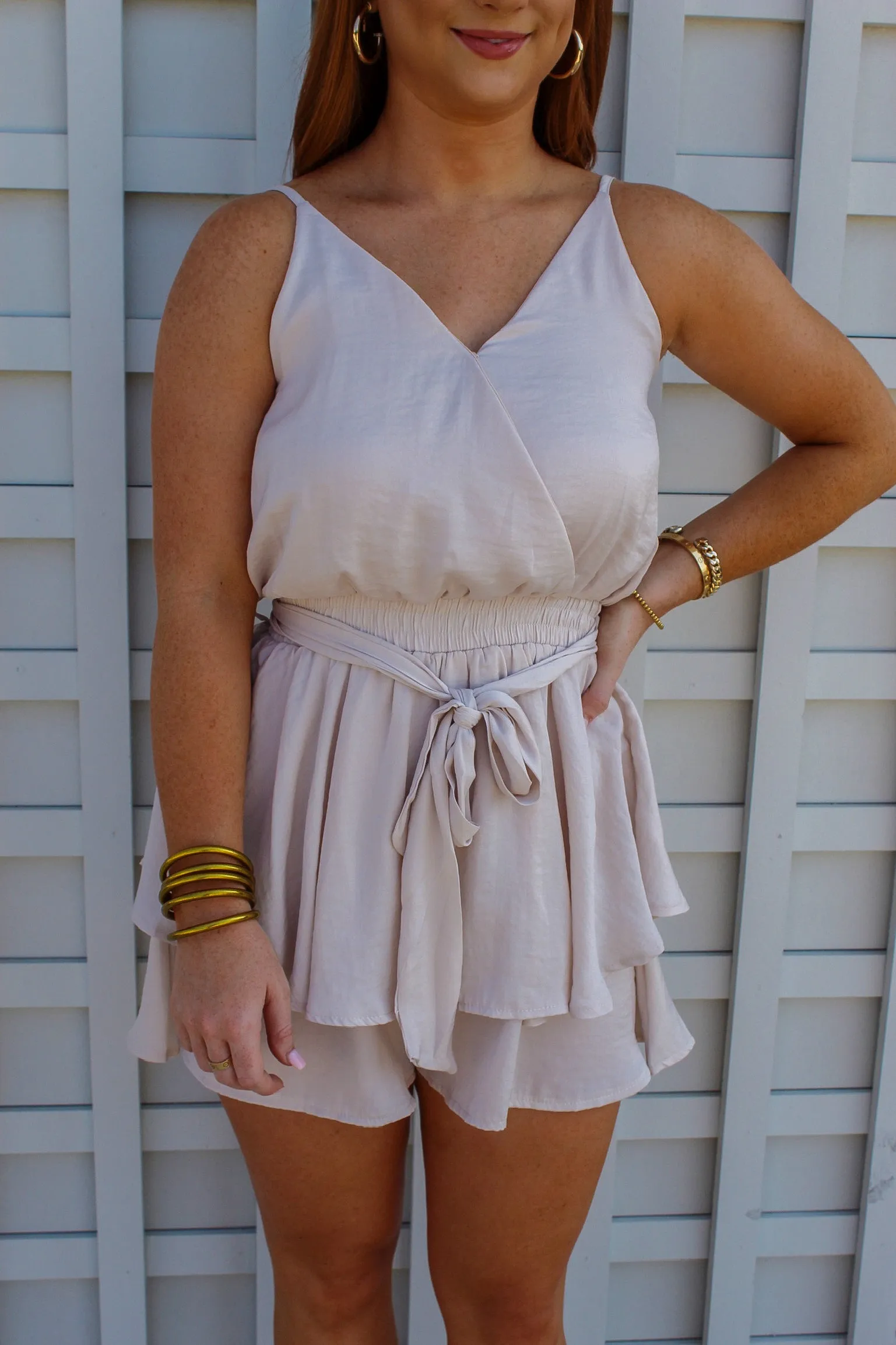 Ashlyn Surplice Tiered Romper- Ecru