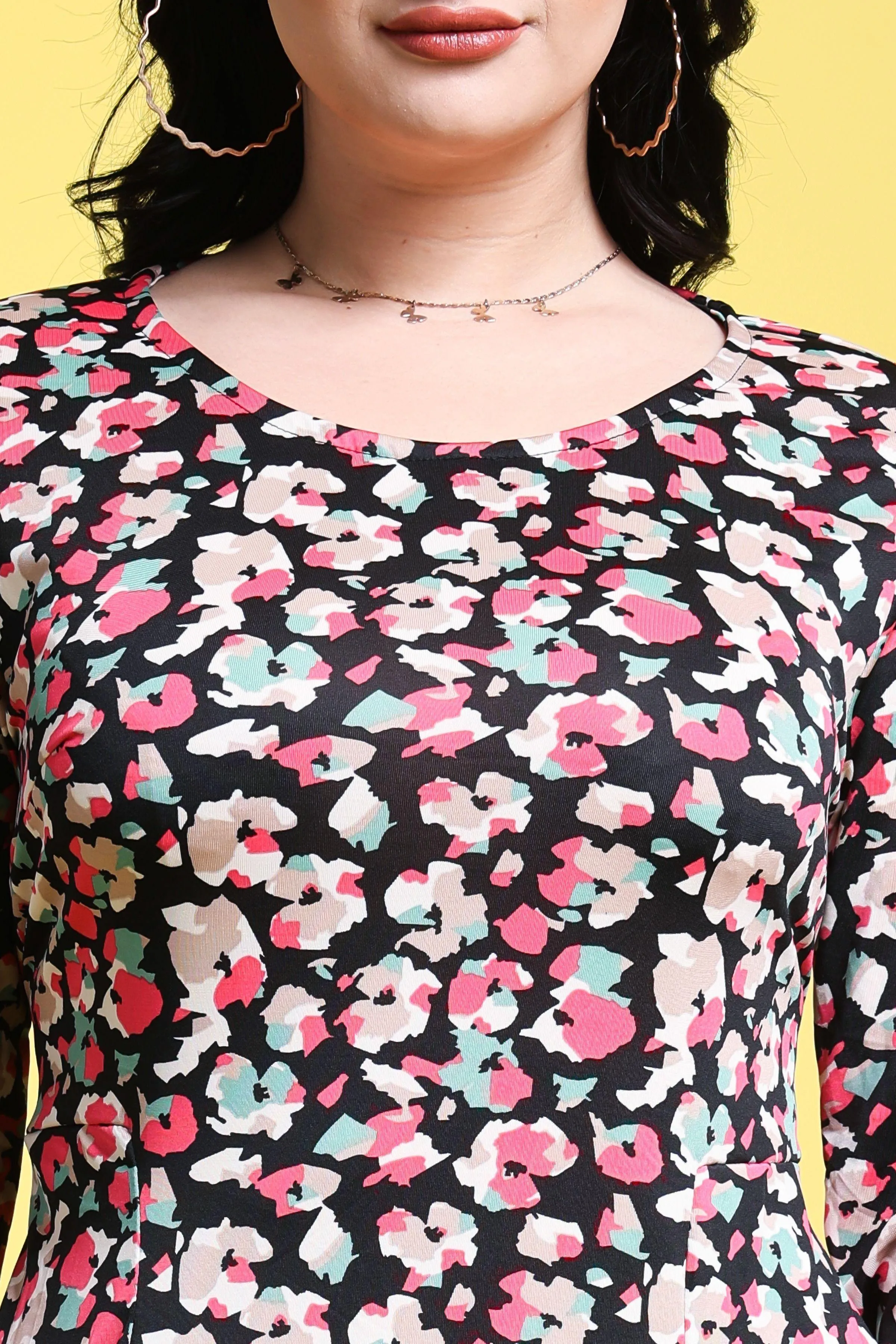 Black Floral Printed Dress with Long Sleeves