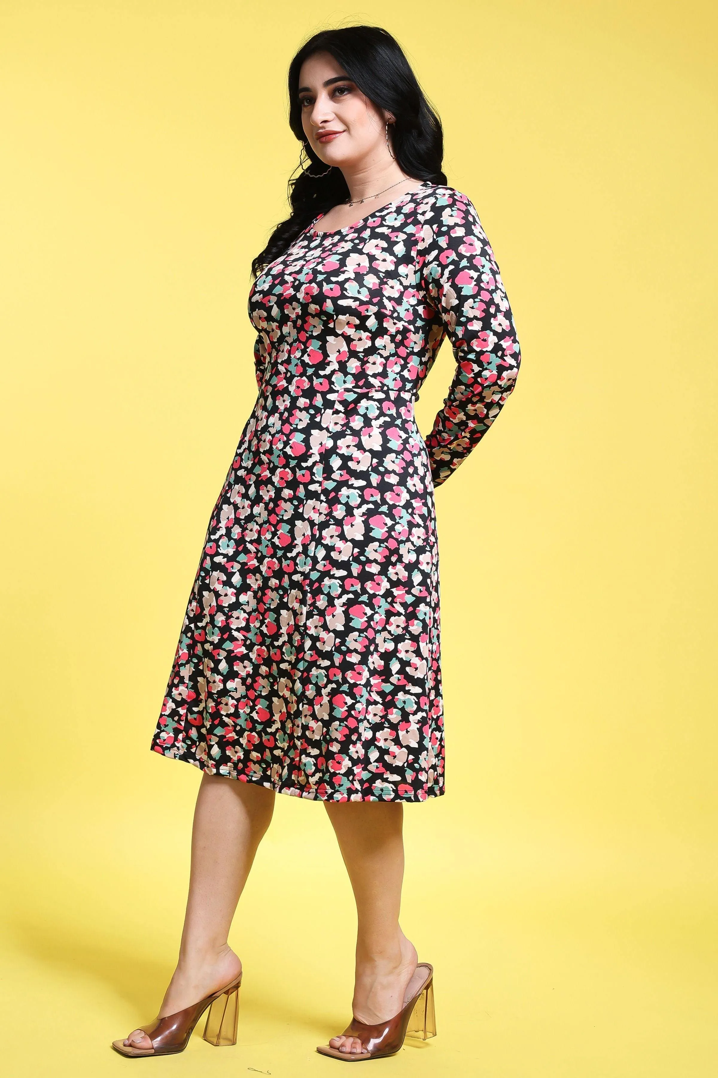 Black Floral Printed Dress with Long Sleeves