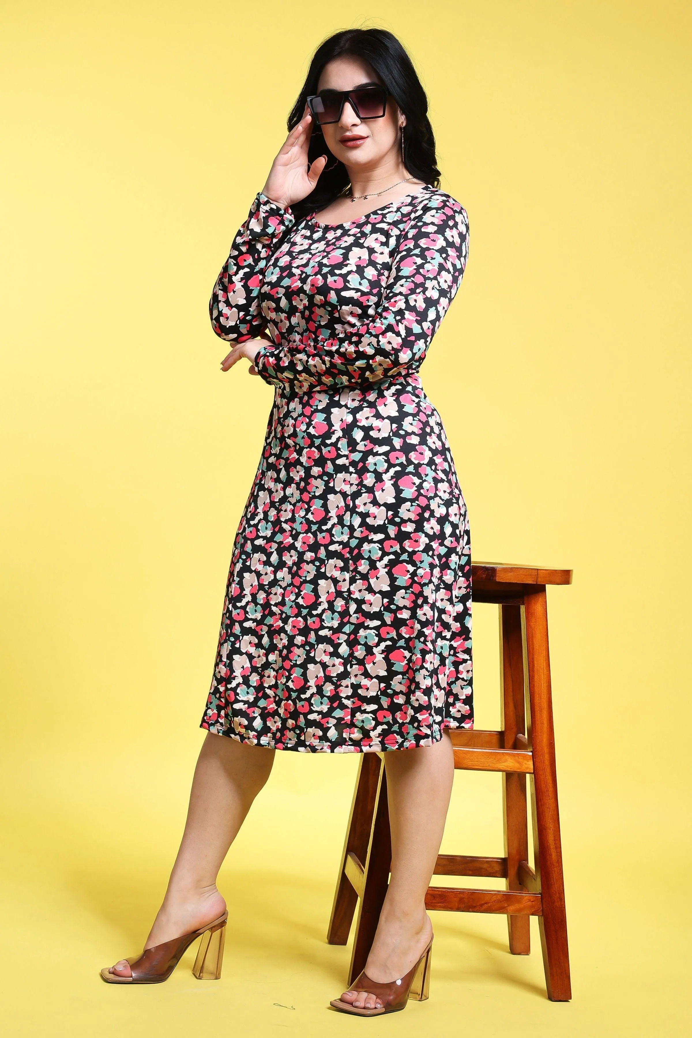 Black Floral Printed Dress with Long Sleeves