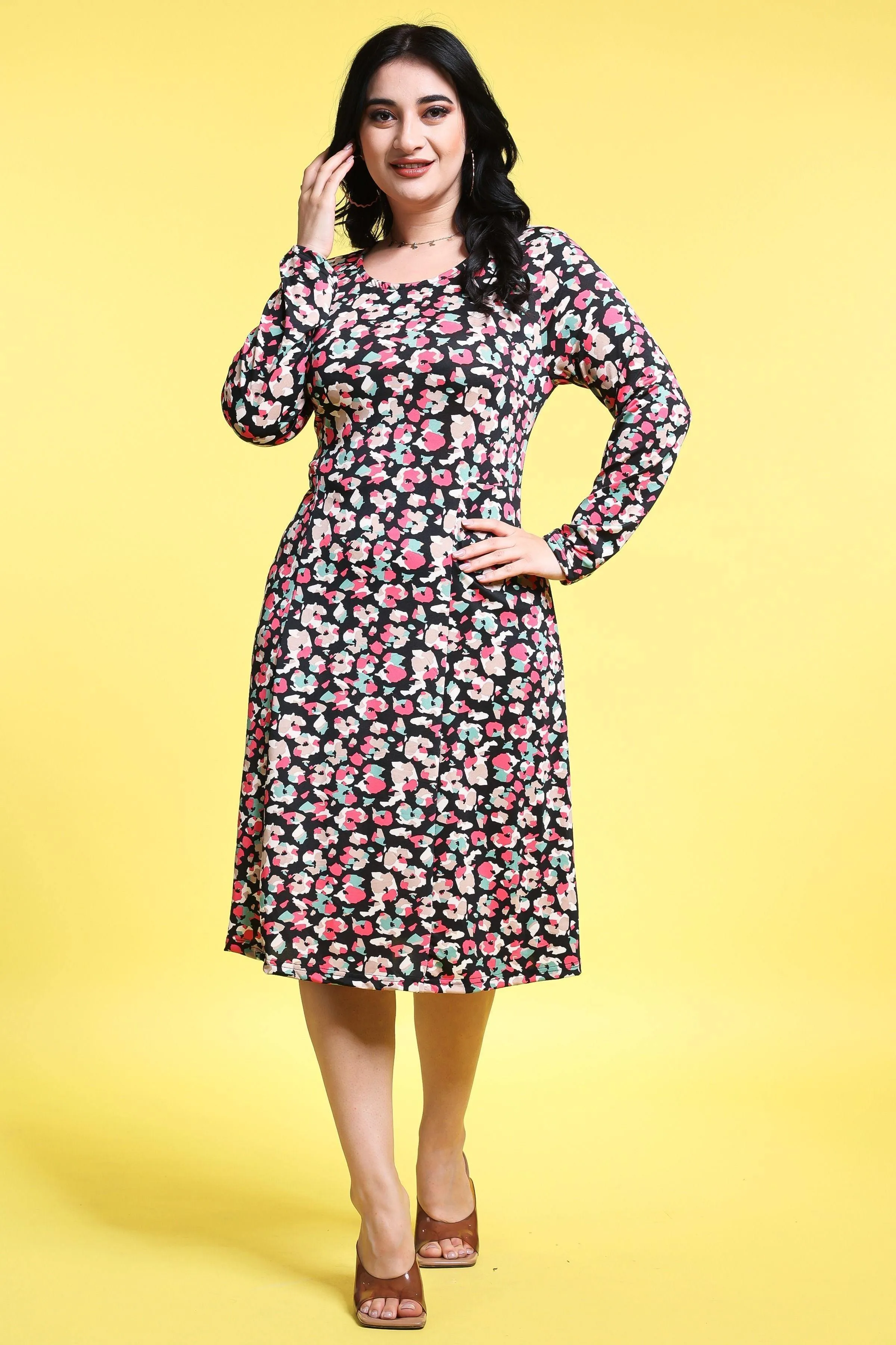 Black Floral Printed Dress with Long Sleeves