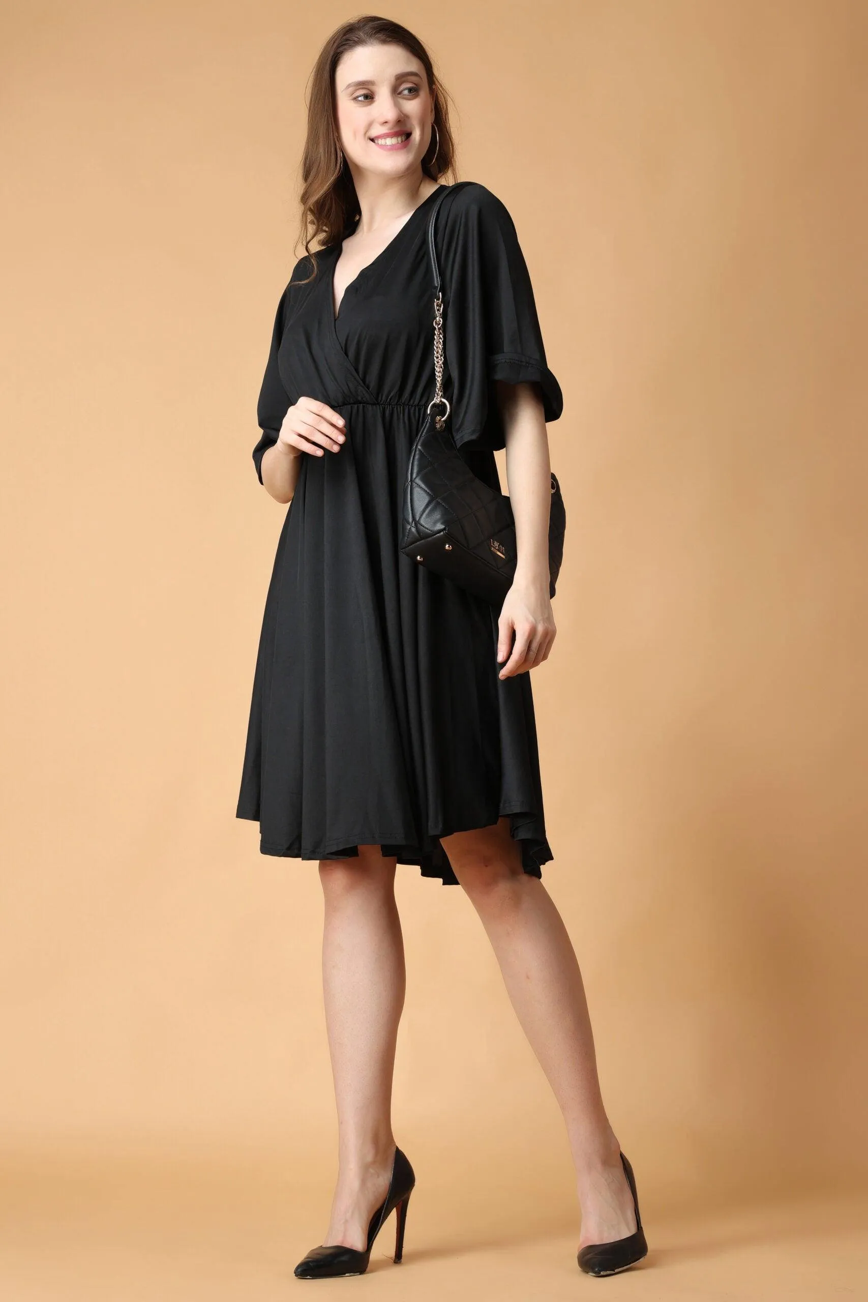 Black Solid Dress with Bell Sleeves