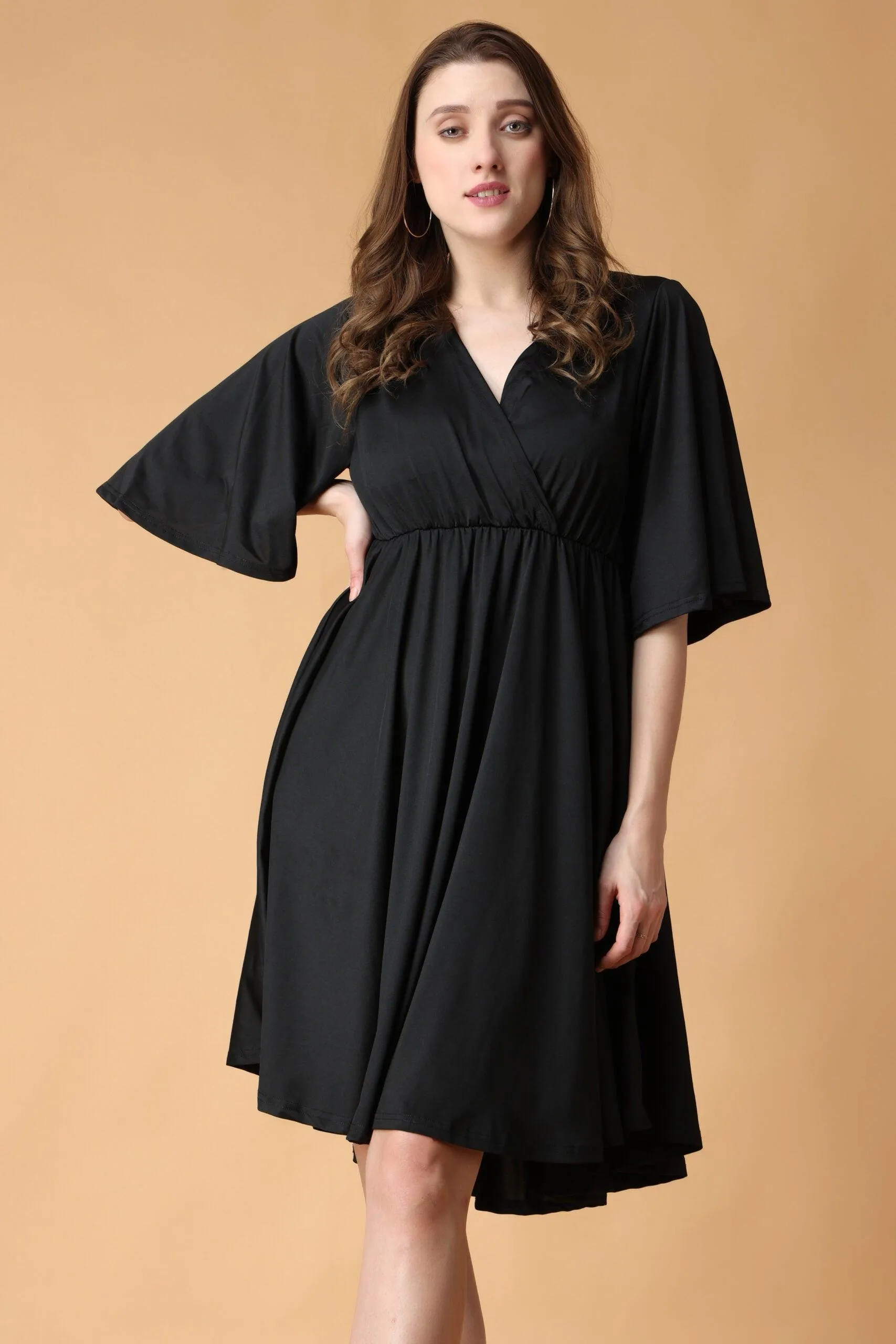 Black Solid Dress with Bell Sleeves