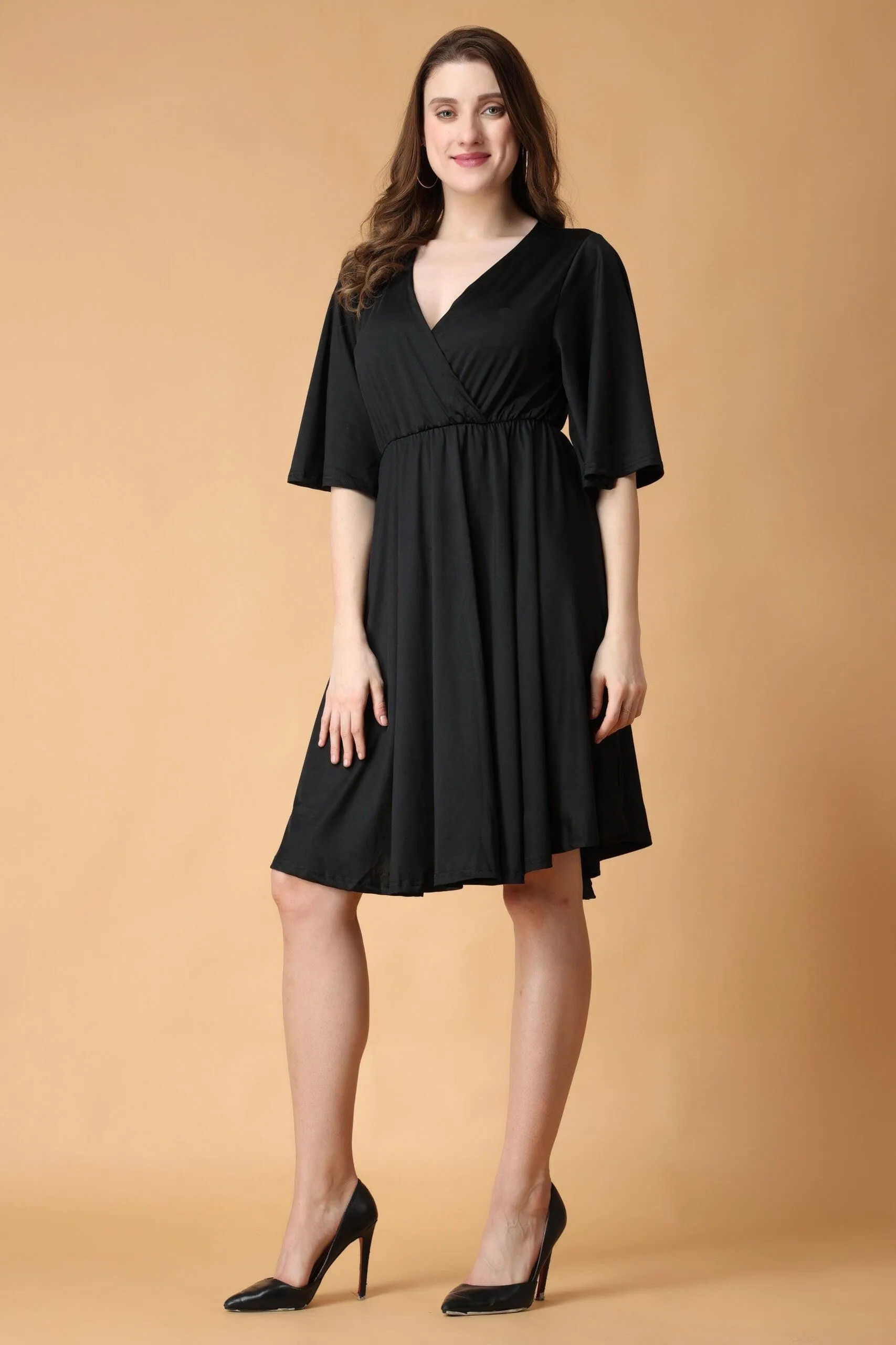 Black Solid Dress with Bell Sleeves