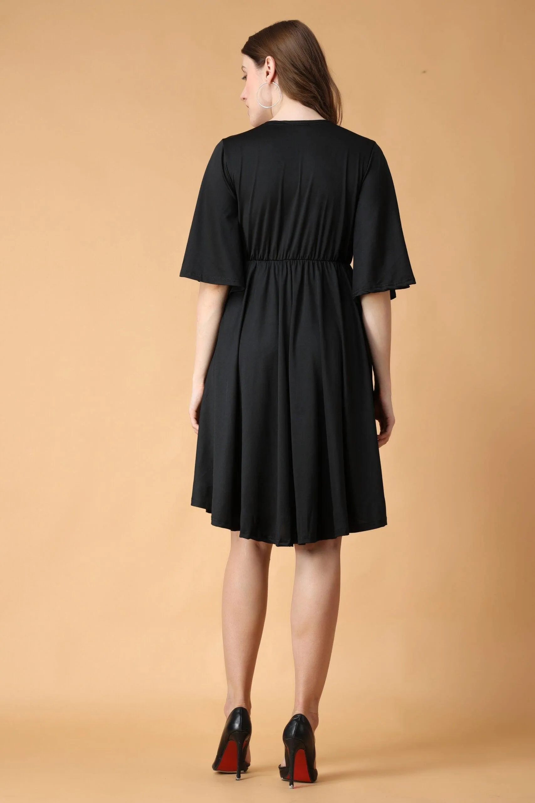 Black Solid Dress with Bell Sleeves