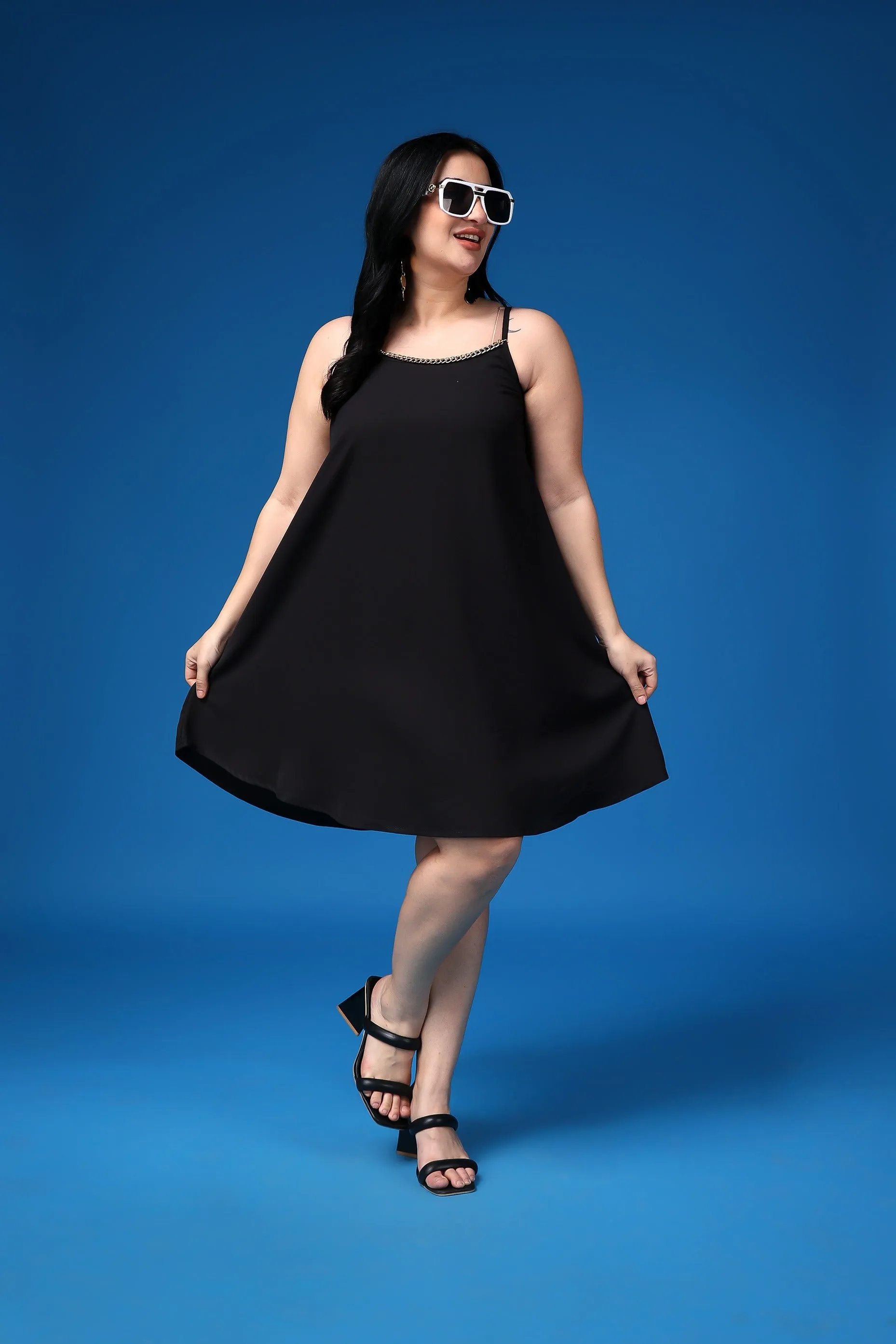 Black Solid Dress with Chain