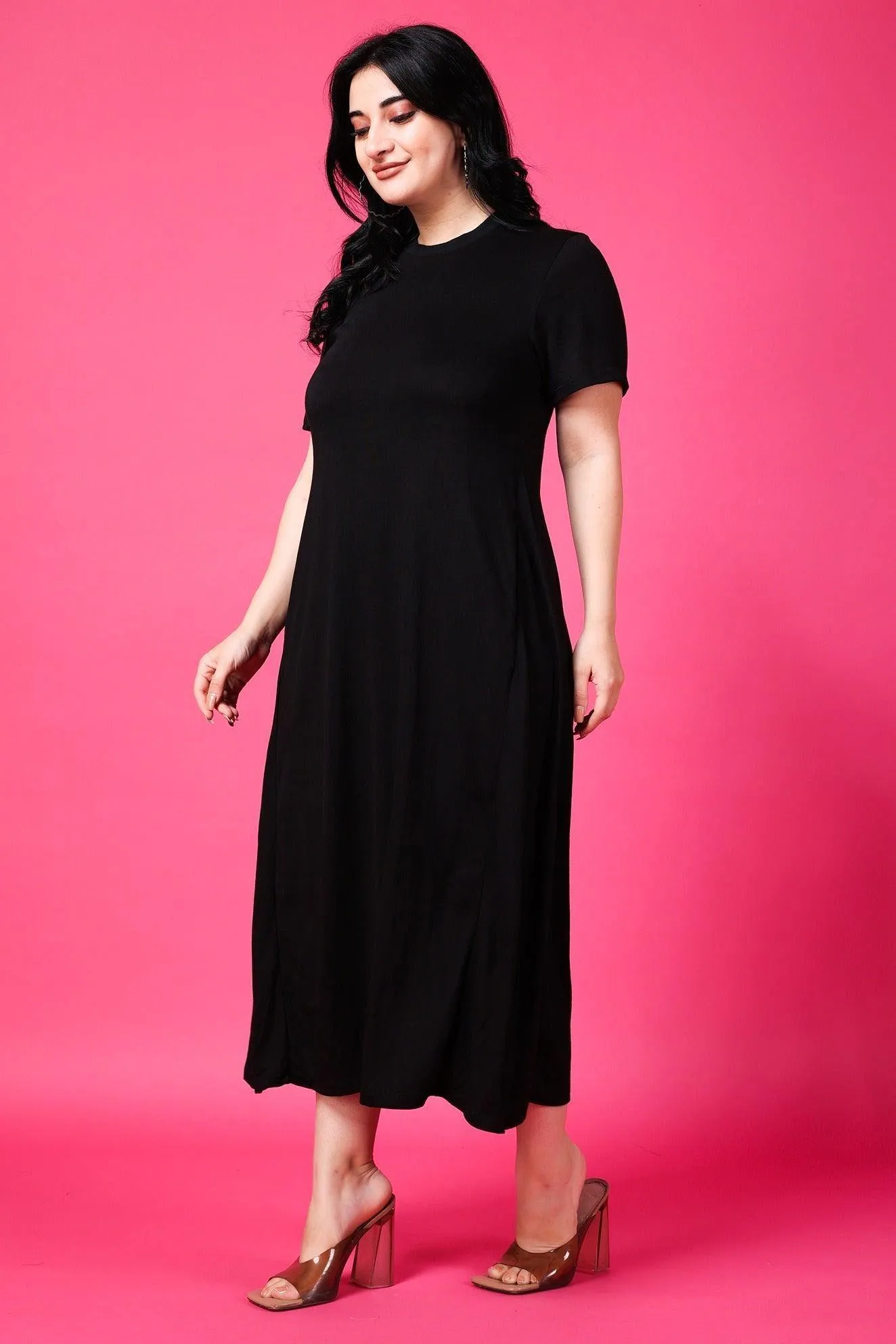 Black Solid Dress with High Neck