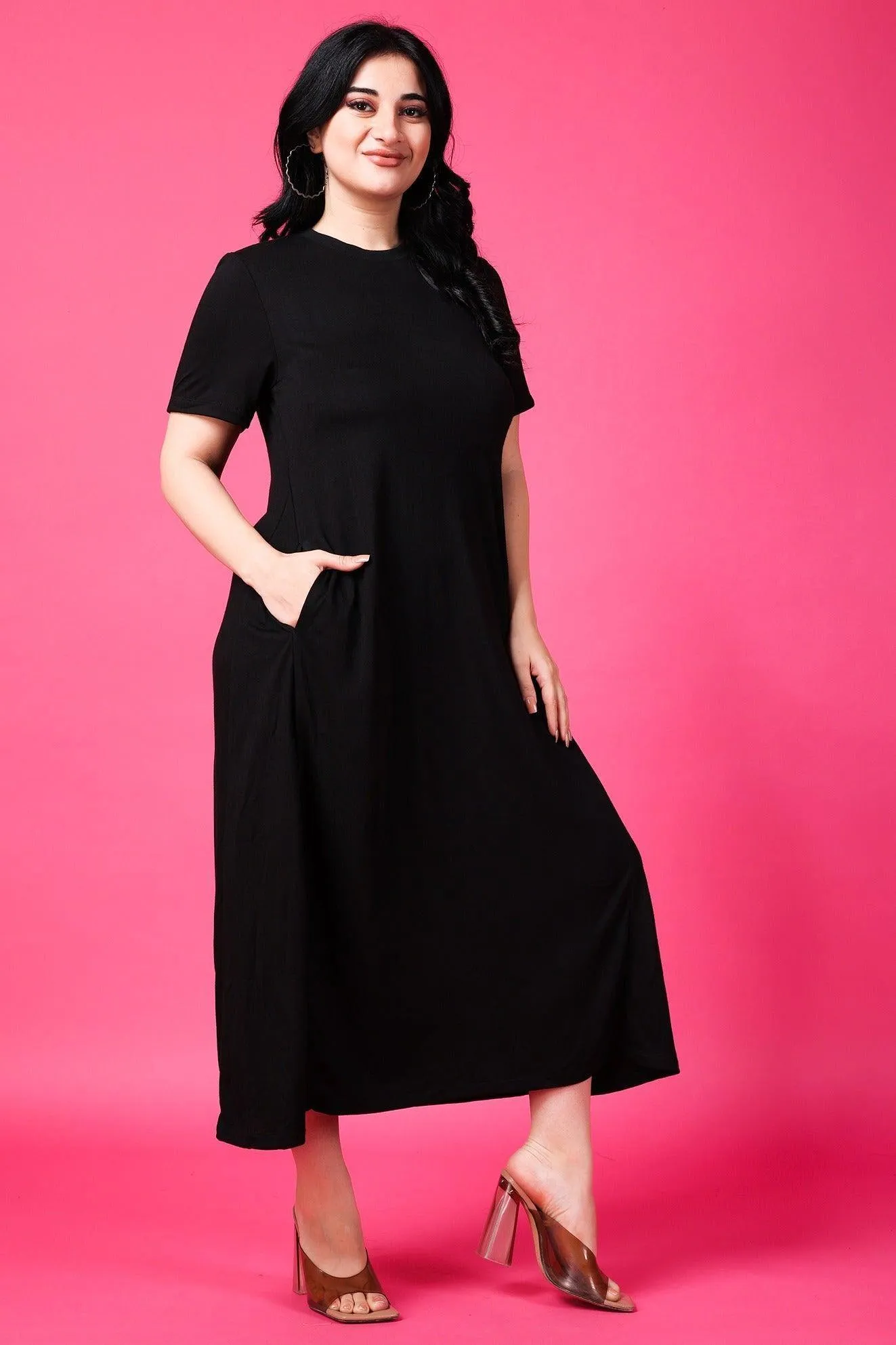 Black Solid Dress with High Neck
