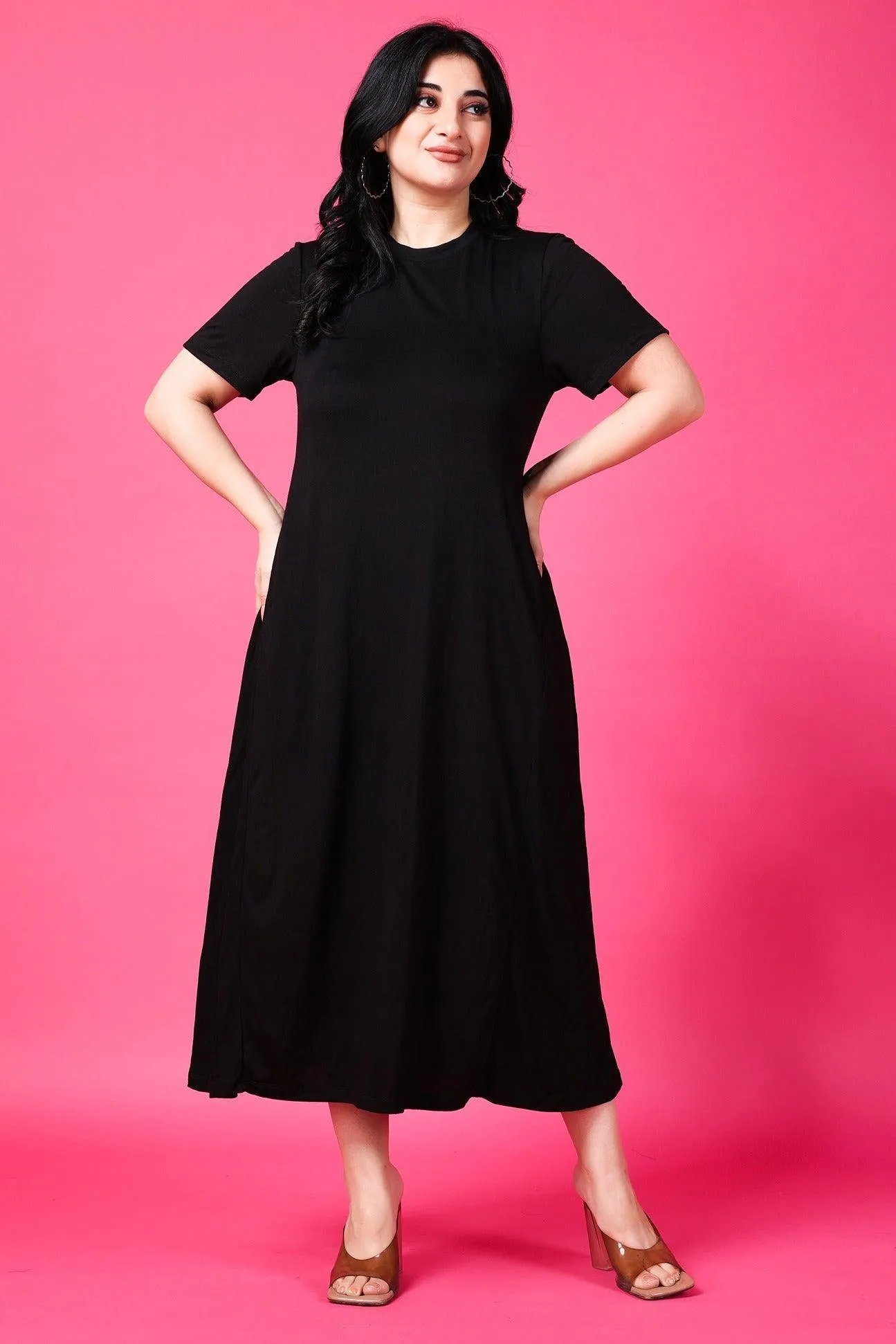 Black Solid Dress with High Neck