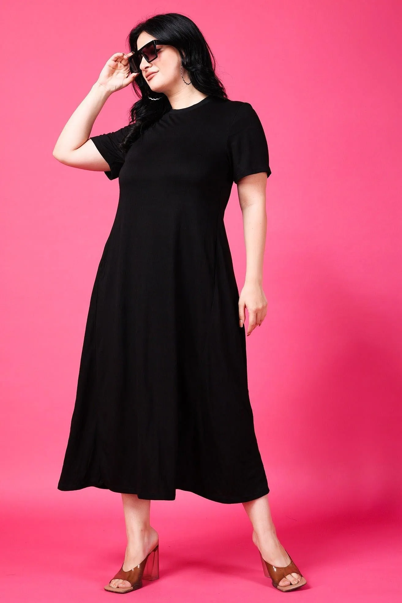 Black Solid Dress with High Neck