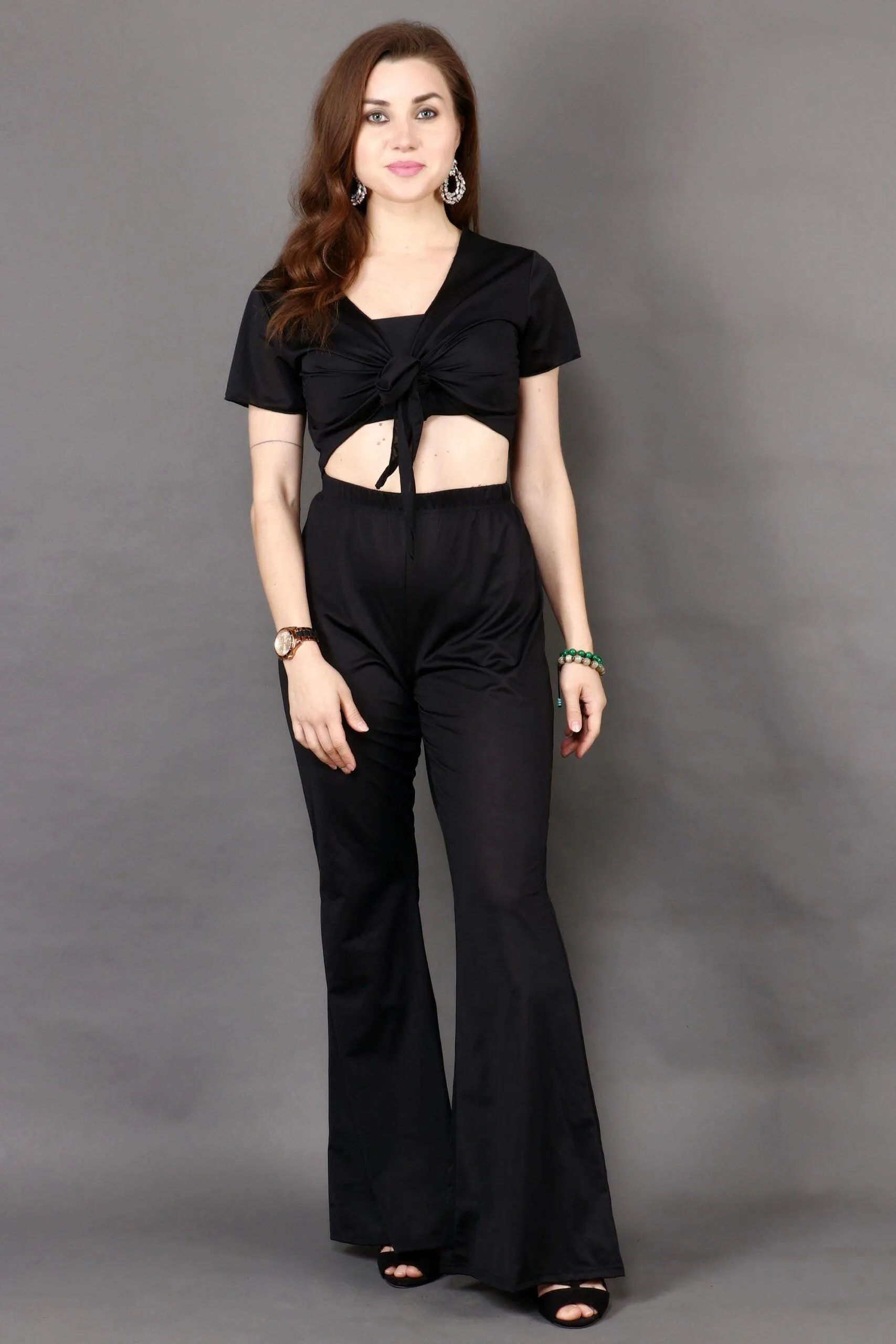 Black Solid Front Tie Top with Flared Pyjama