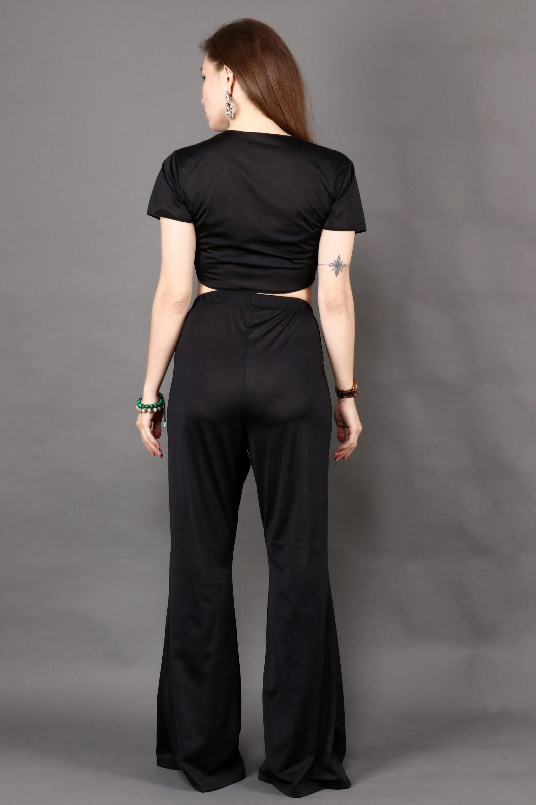 Black Solid Front Tie Top with Flared Pyjama