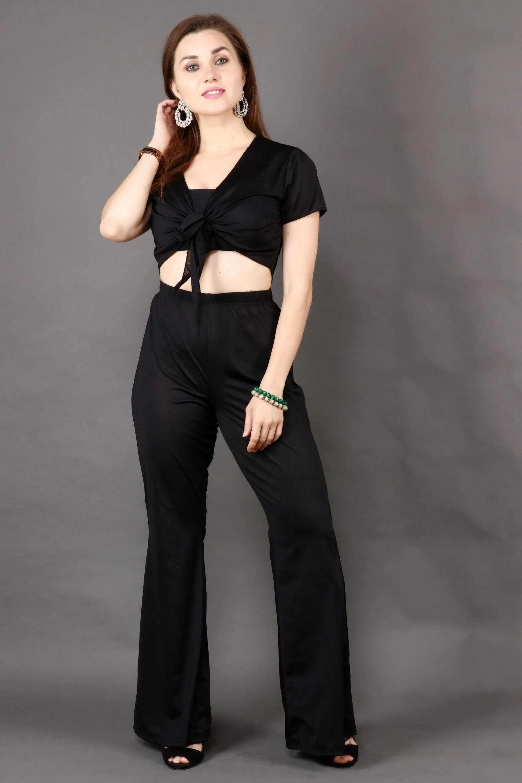 Black Solid Front Tie Top with Flared Pyjama