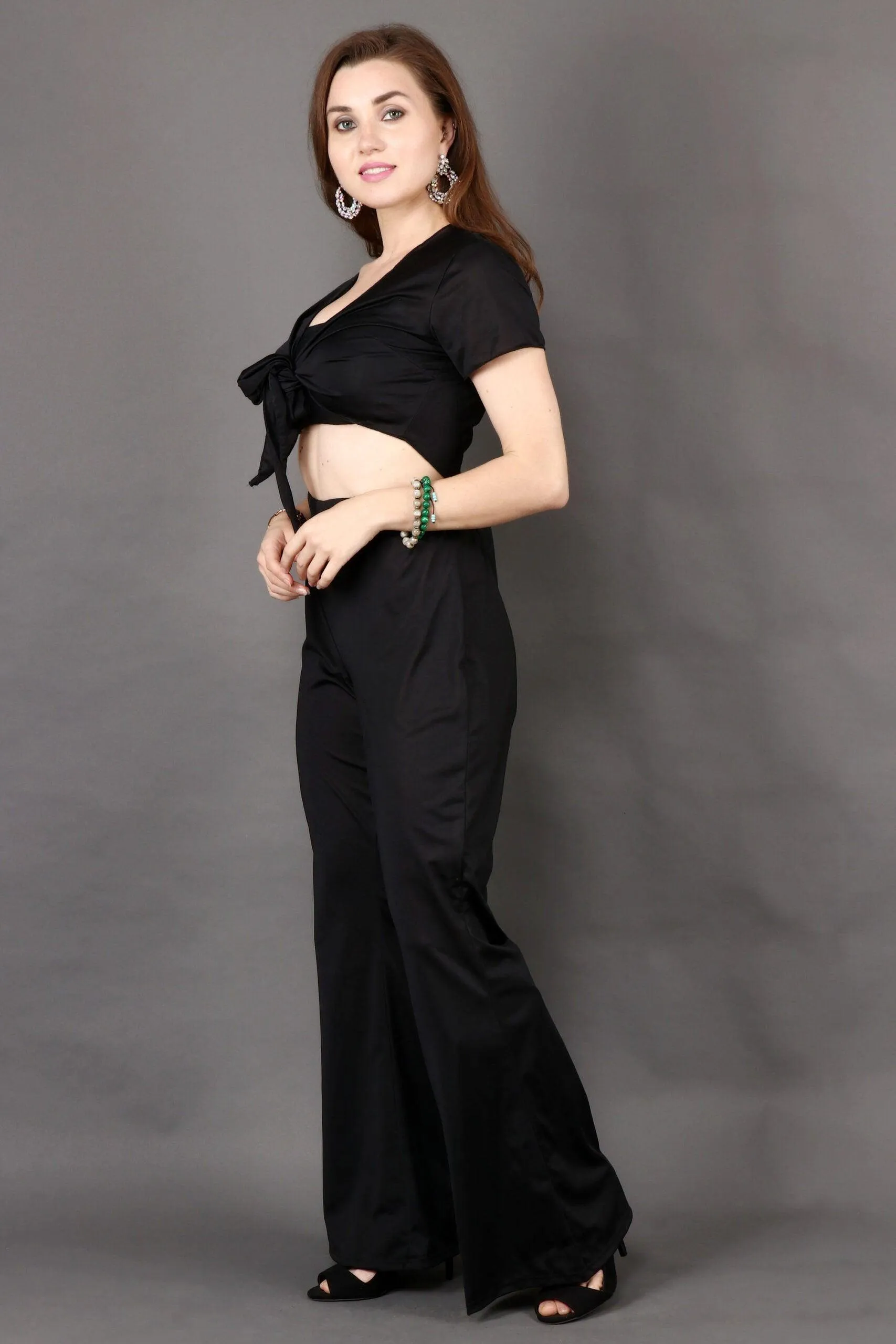 Black Solid Front Tie Top with Flared Pyjama