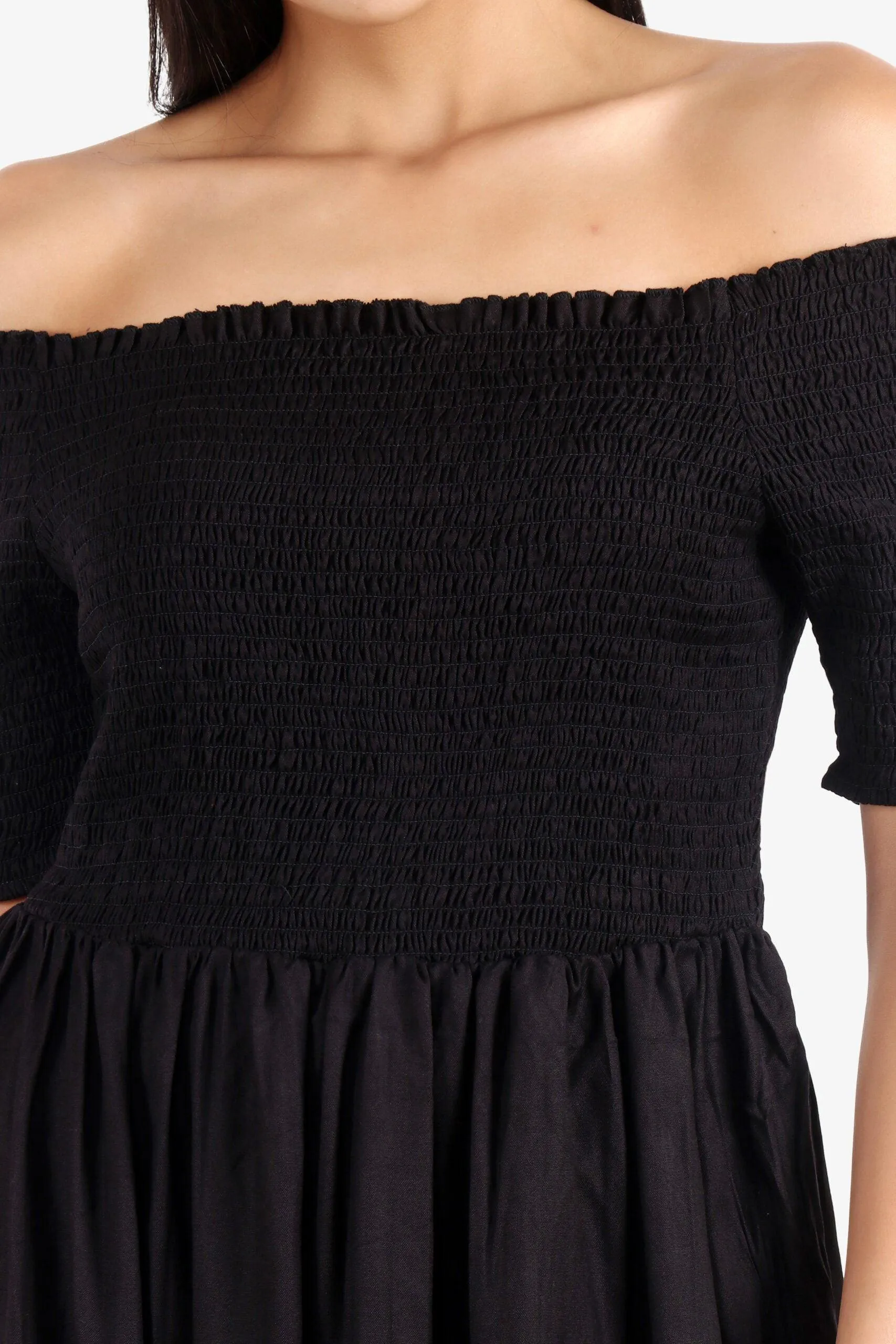 Black Solid Smocking Off Shoulder Dress
