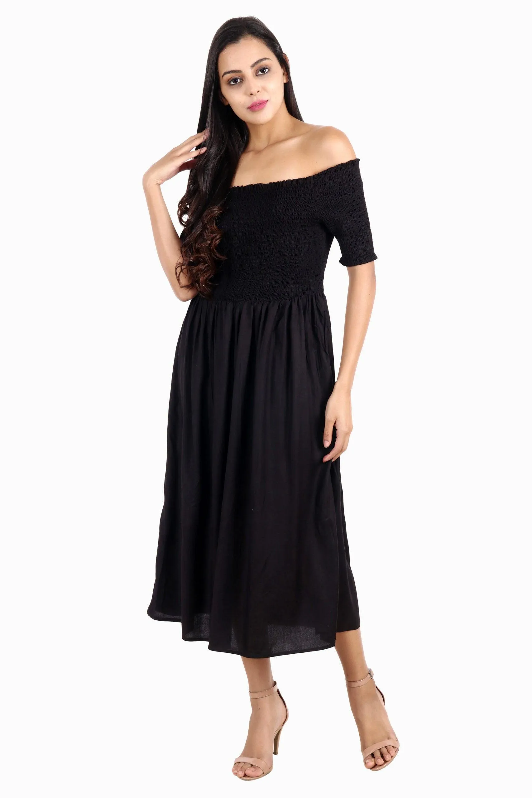 Black Solid Smocking Off Shoulder Dress