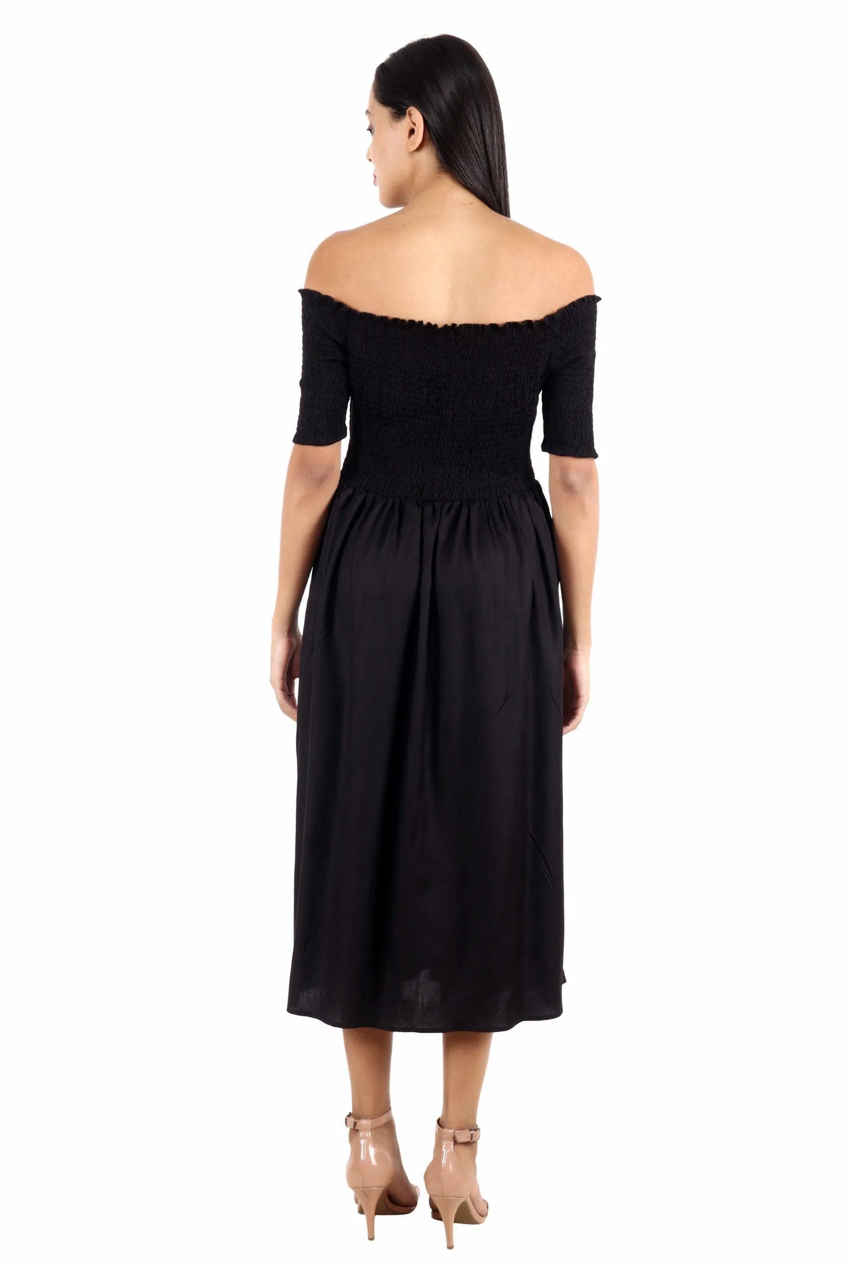 Black Solid Smocking Off Shoulder Dress