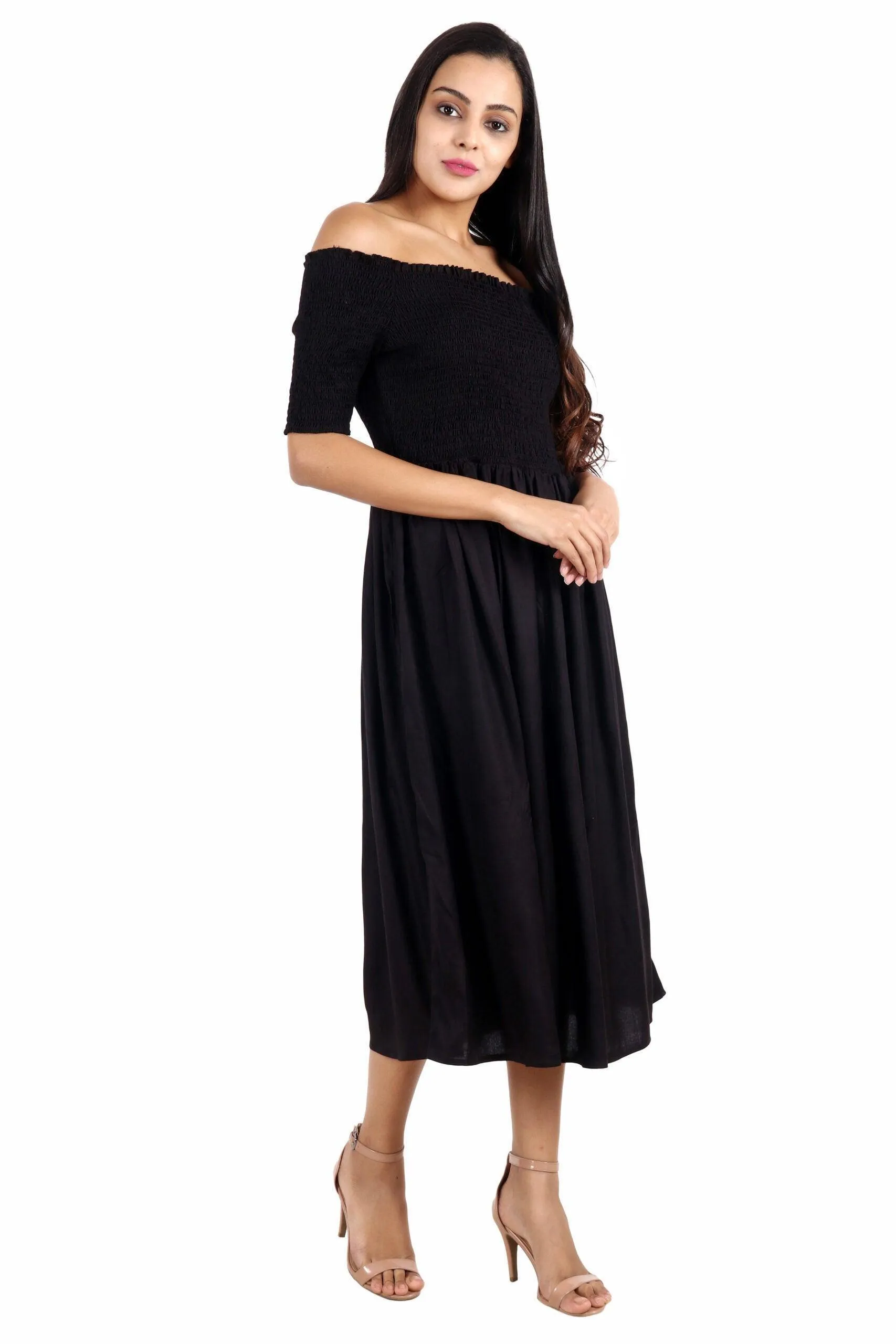 Black Solid Smocking Off Shoulder Dress