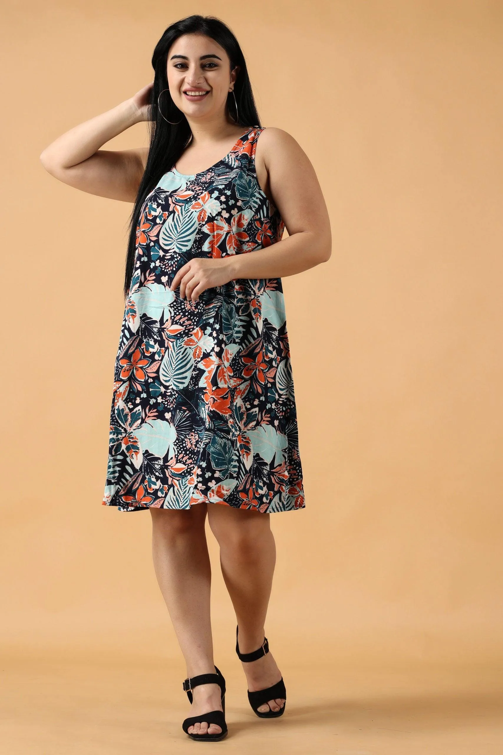 Blue Floral Printed Flared Dress