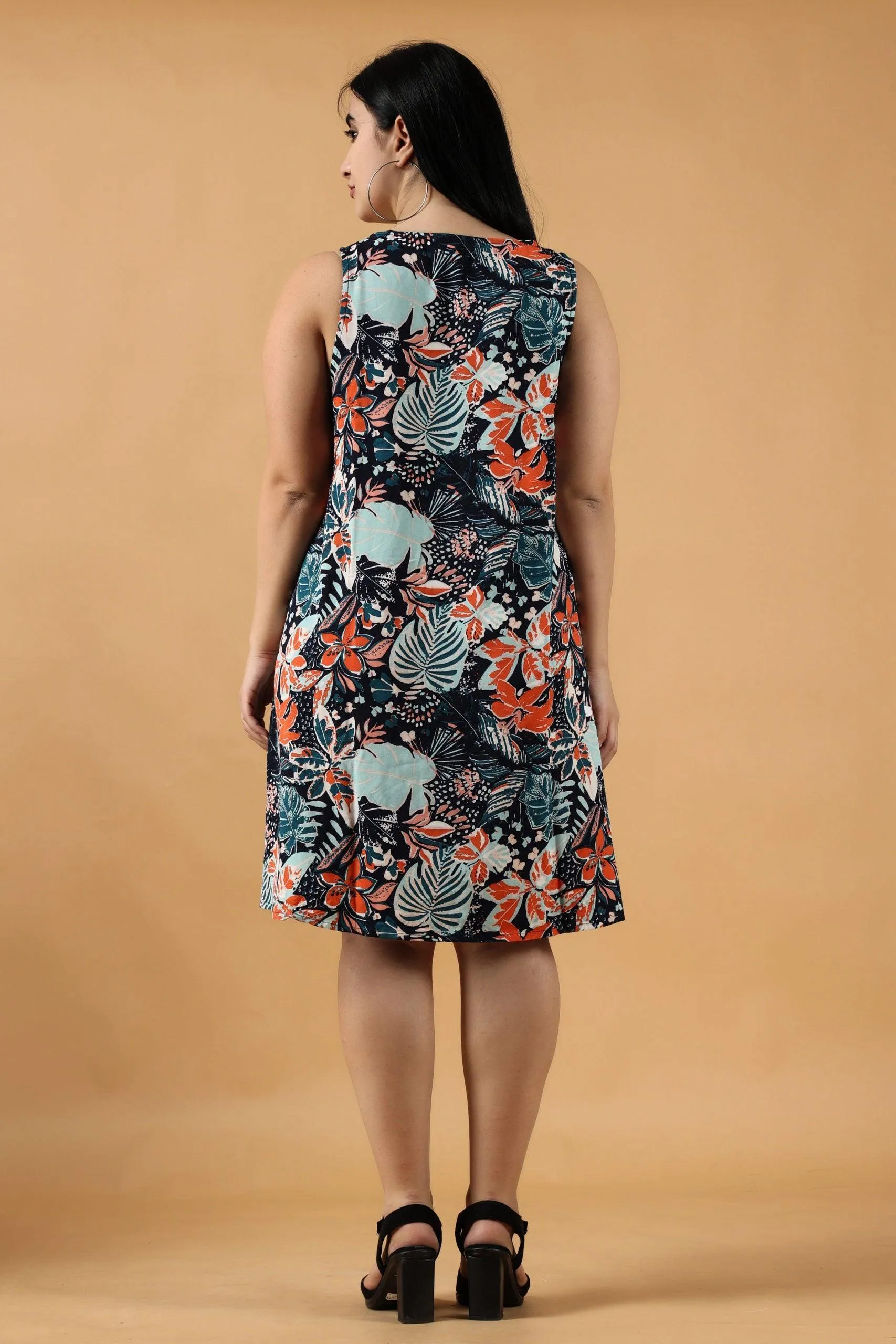Blue Floral Printed Flared Dress