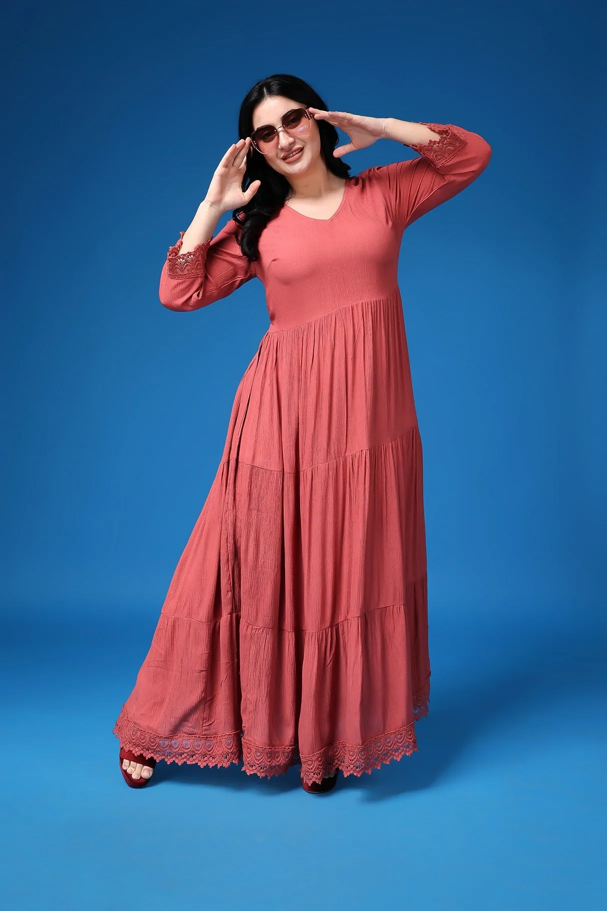 Carrot Red Solid Flared Lace Dress