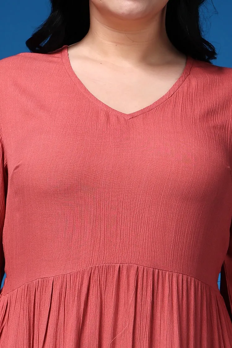 Carrot Red Solid Flared Lace Dress