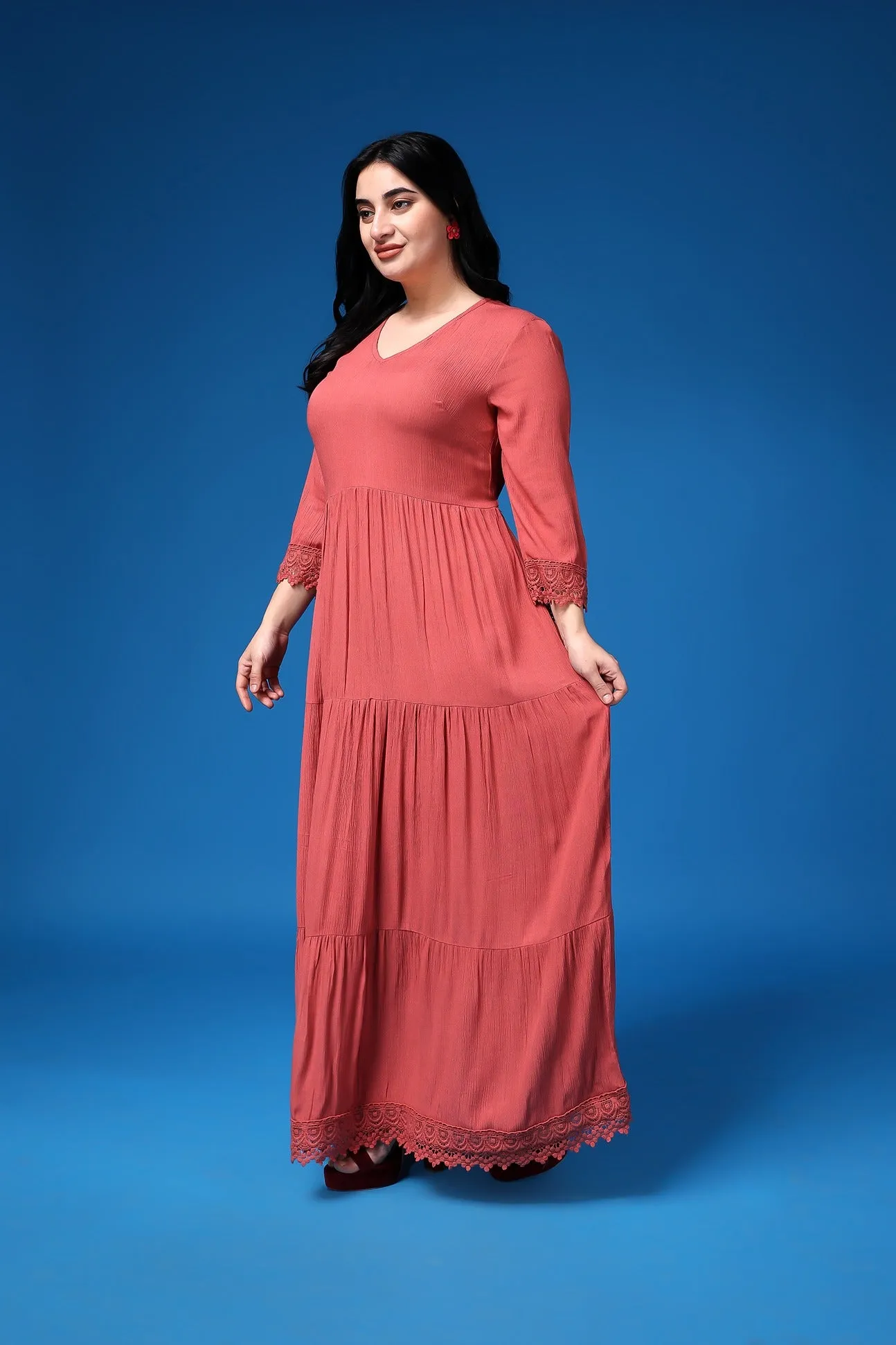 Carrot Red Solid Flared Lace Dress