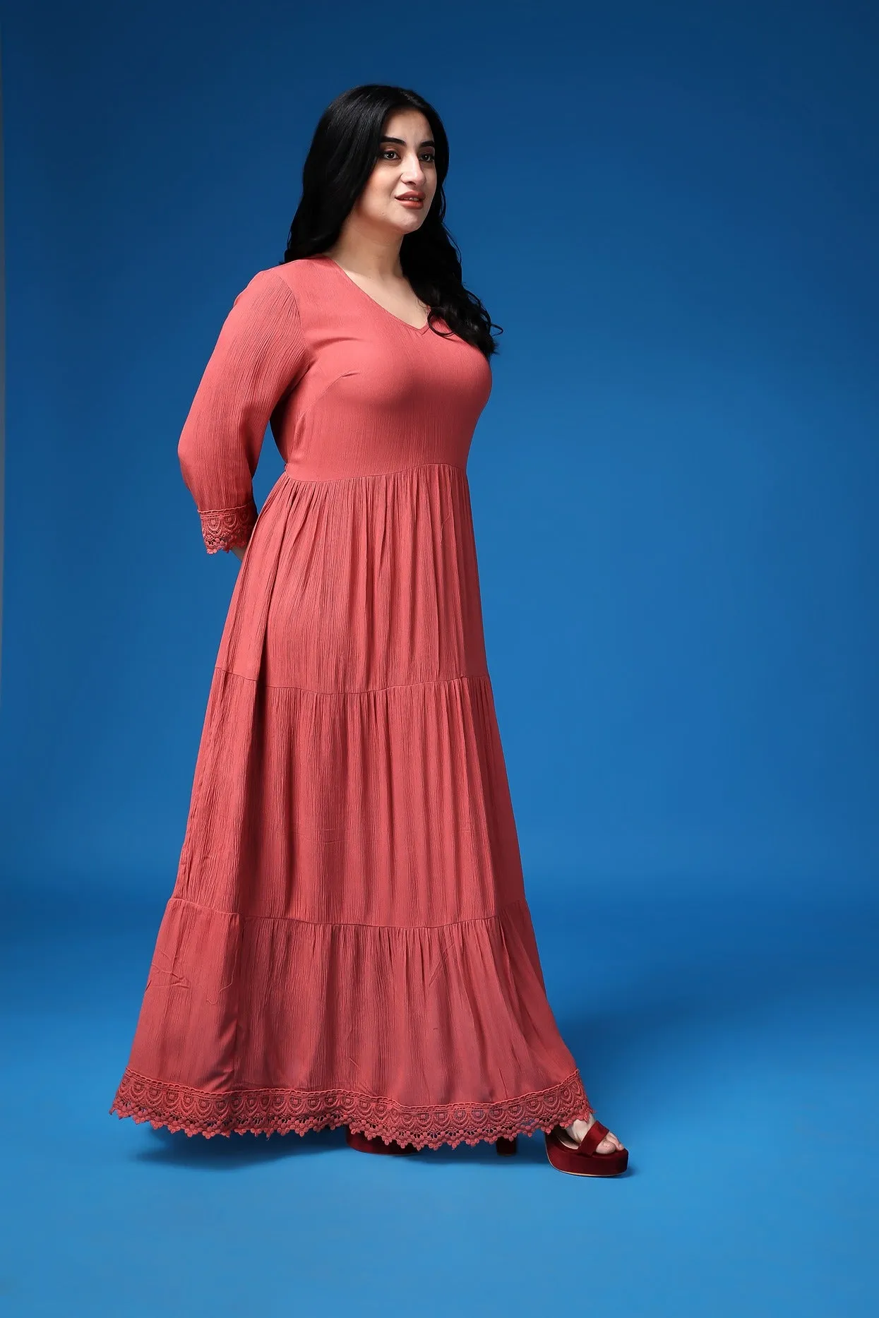 Carrot Red Solid Flared Lace Dress