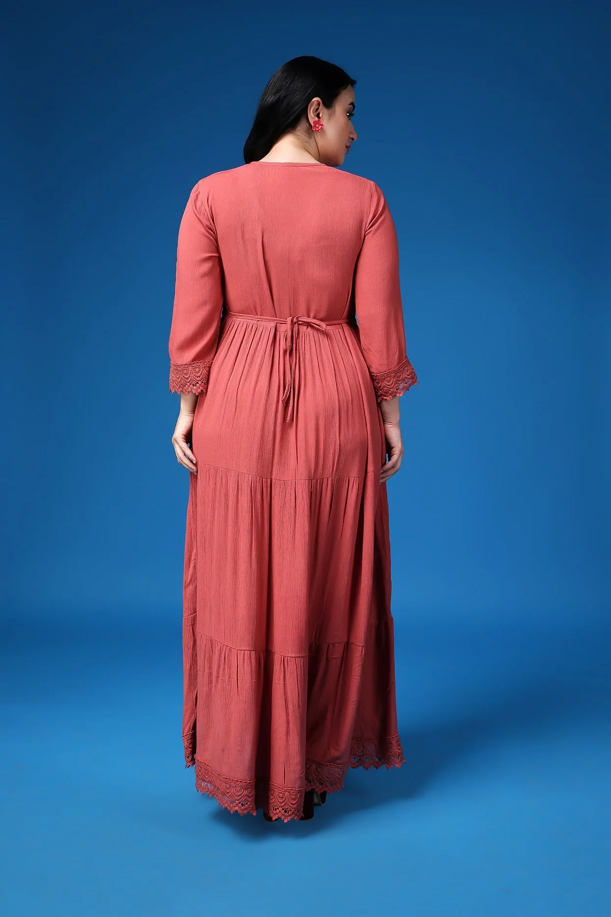 Carrot Red Solid Flared Lace Dress