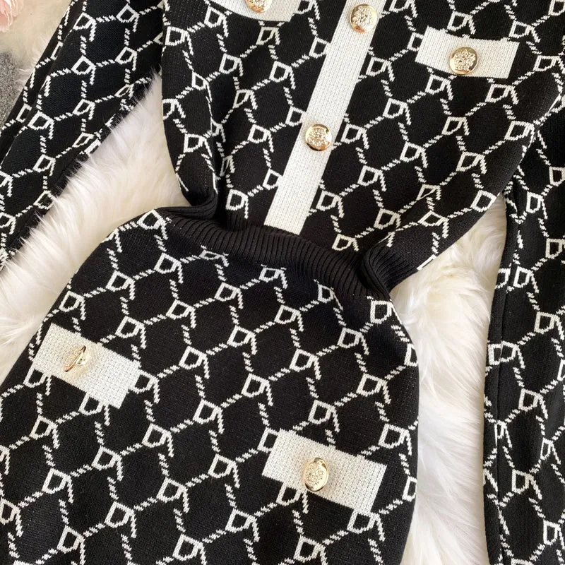 Checked Round Neck Waist Knit Dress