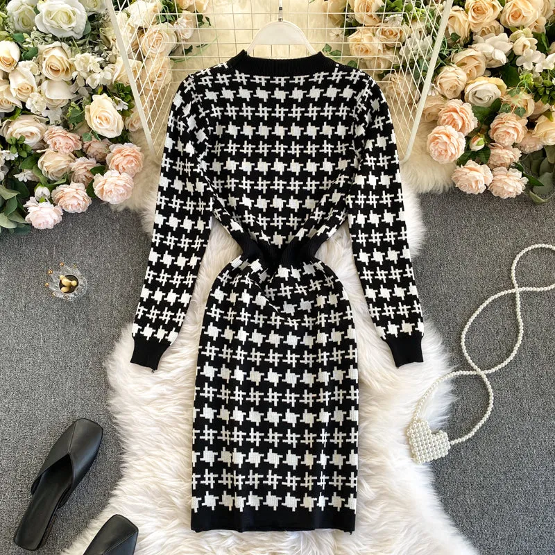 Checked Round Neck Waist Knit Dress