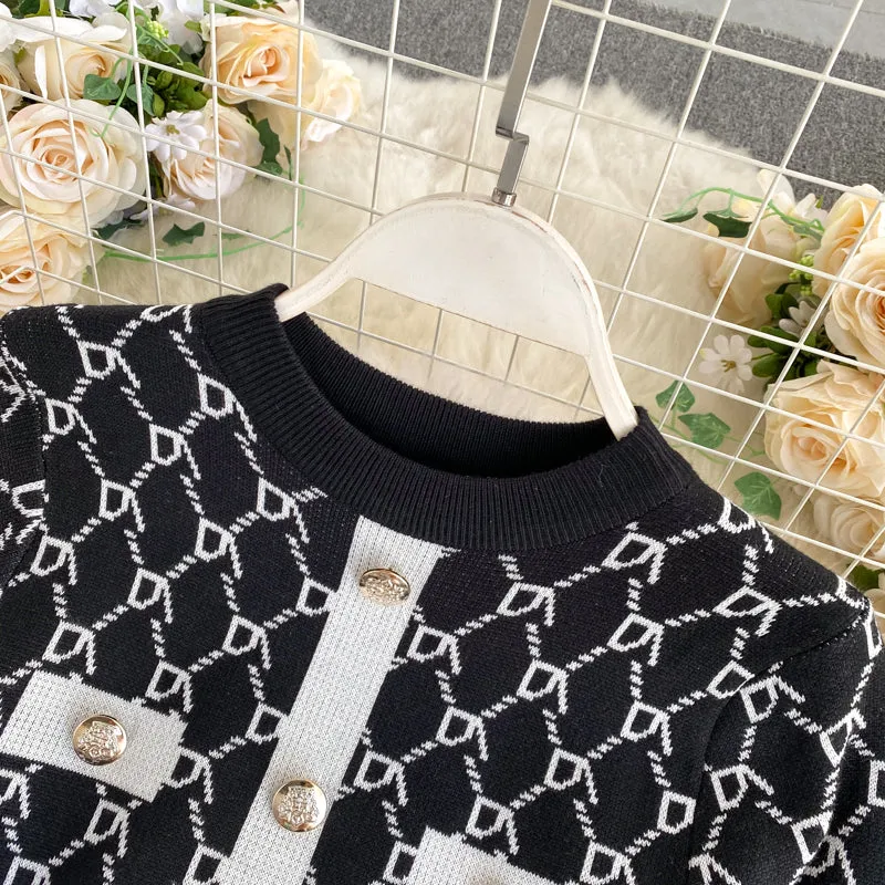 Checked Round Neck Waist Knit Dress