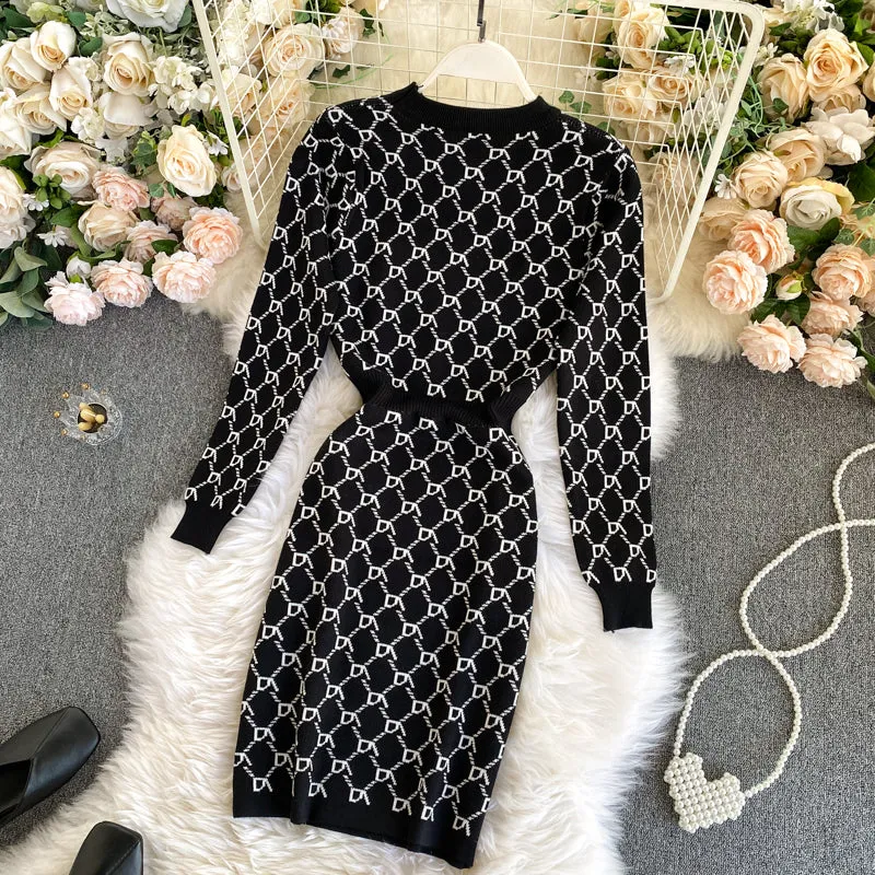 Checked Round Neck Waist Knit Dress