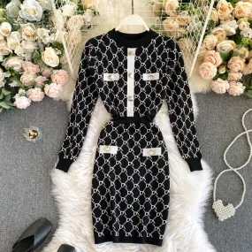 Checked Round Neck Waist Knit Dress