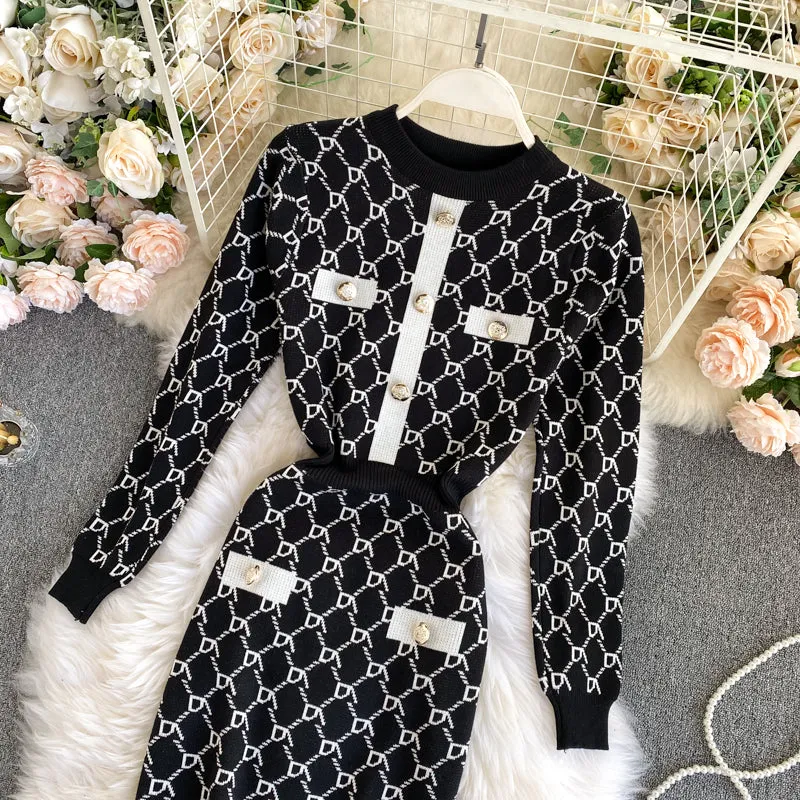 Checked Round Neck Waist Knit Dress
