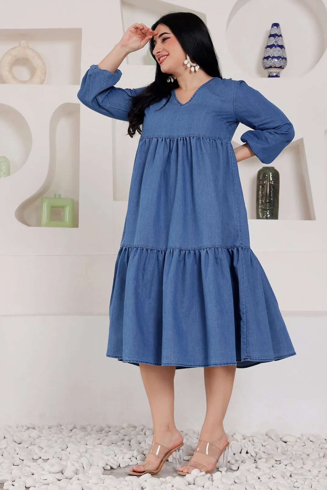 Denim Solid Flared Dress