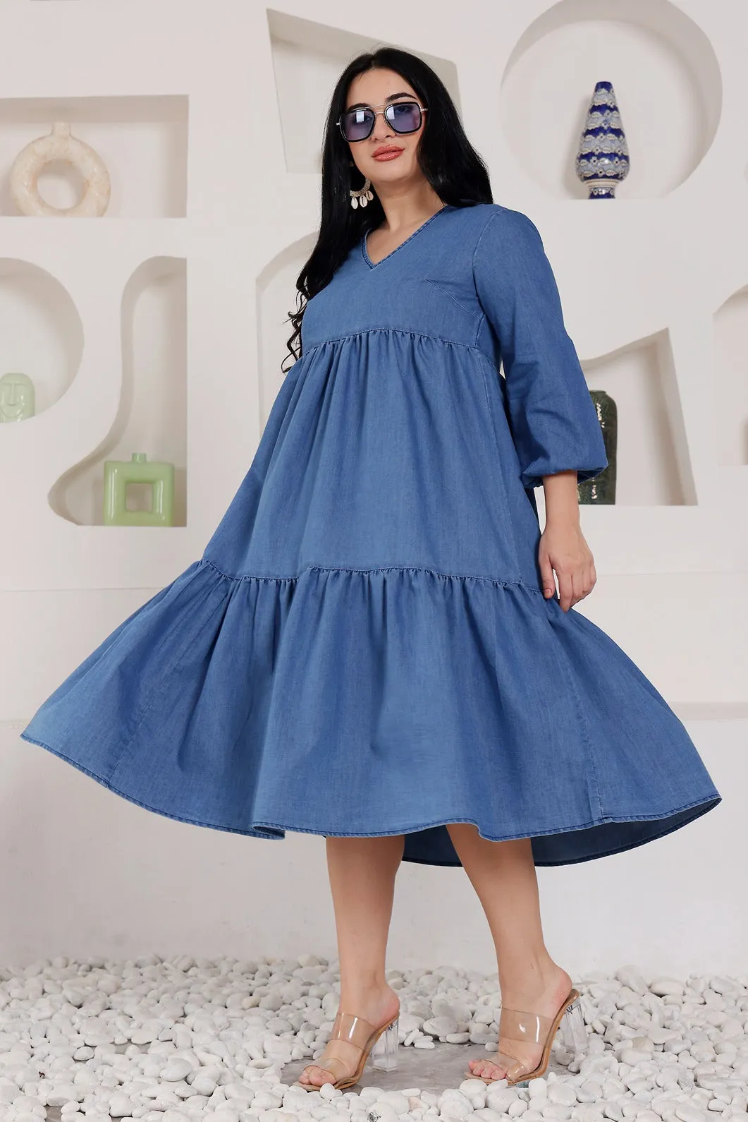 Denim Solid Flared Dress