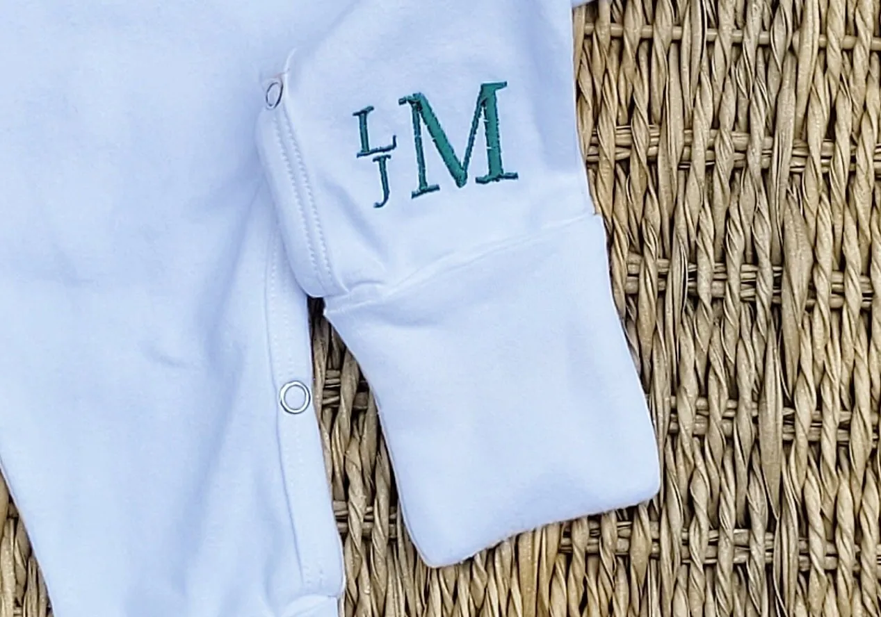 Footed Boy Romper with Beige and Emerald Green Monogram