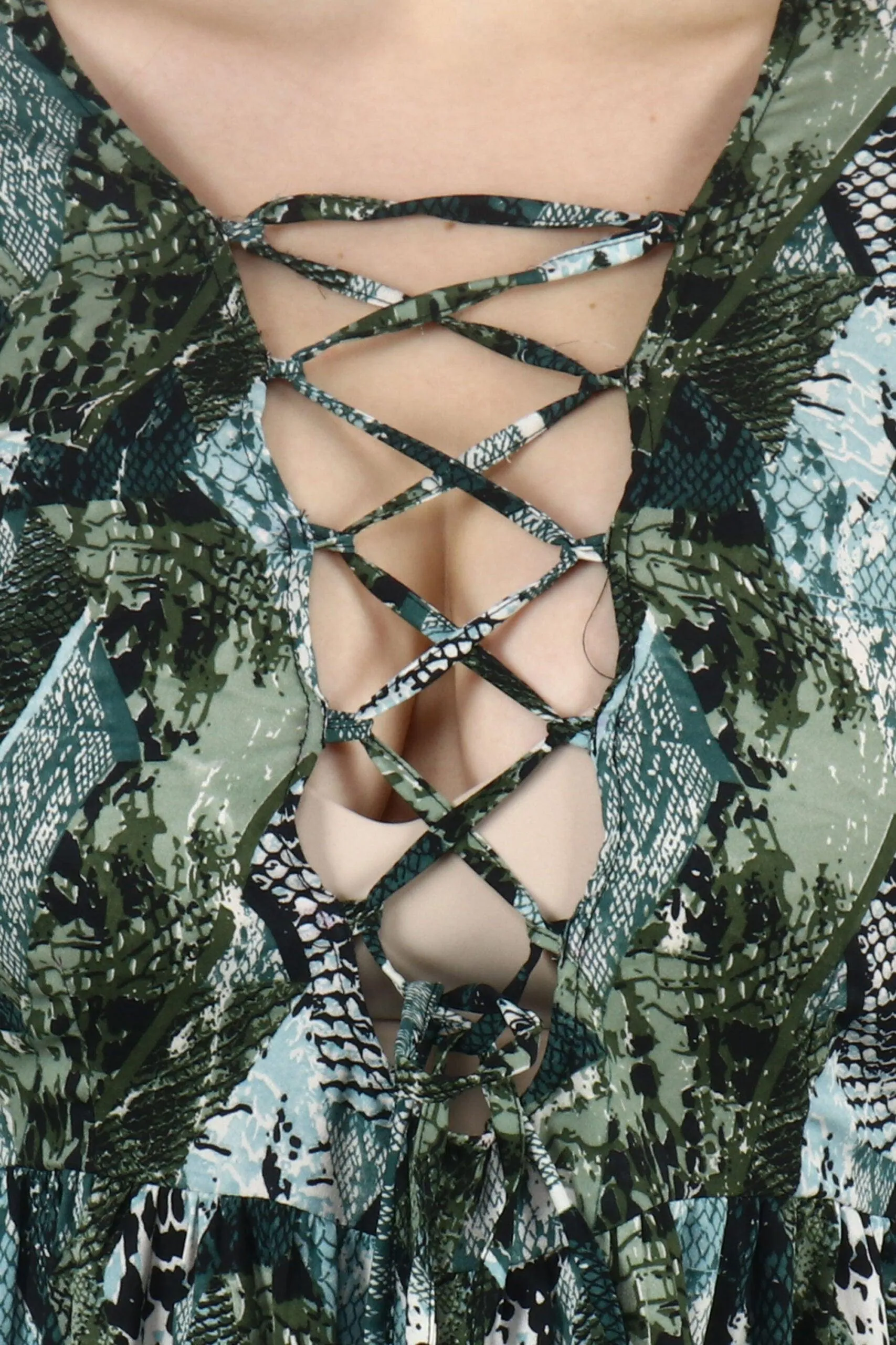 Green Abstract Square Printed Front Open Criss Cross Dress