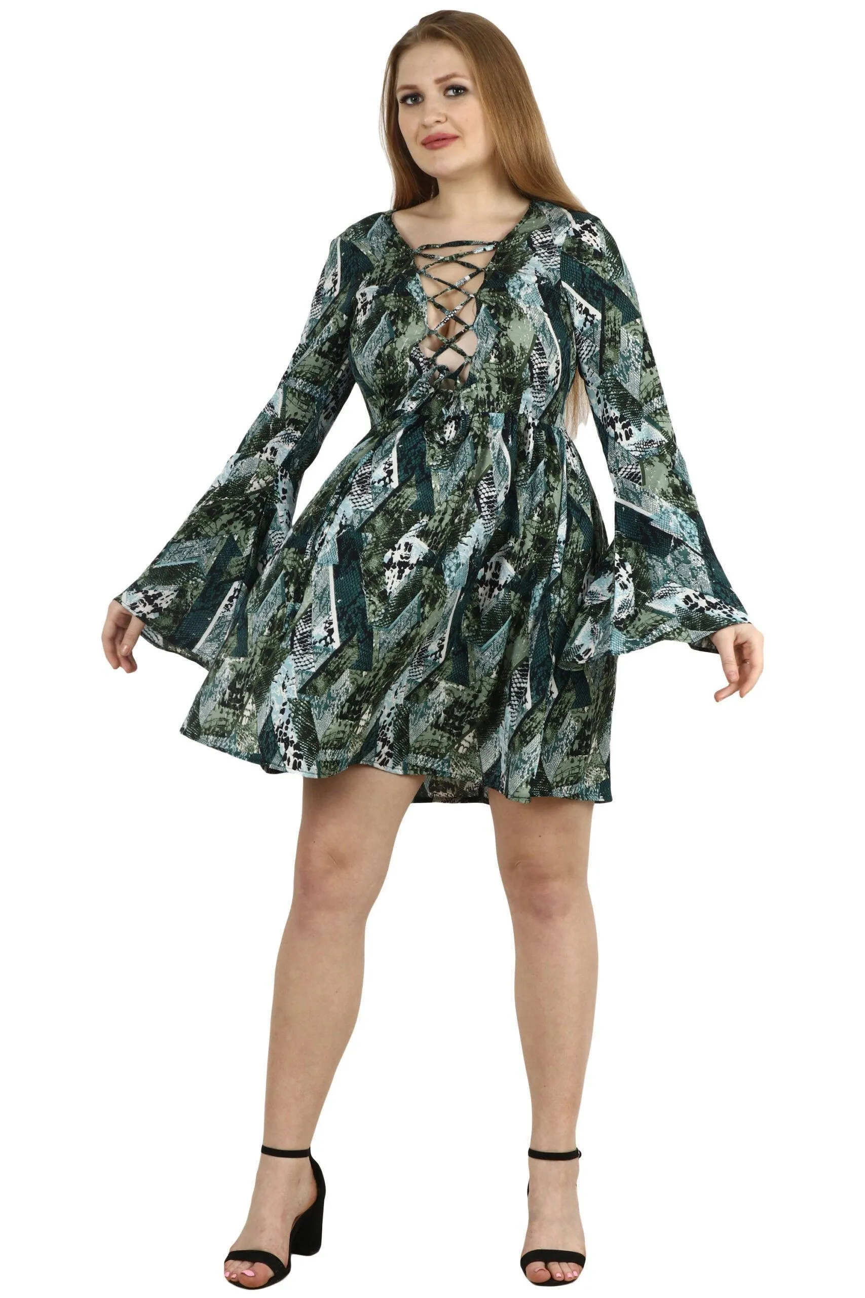 Green Abstract Square Printed Front Open Criss Cross Dress